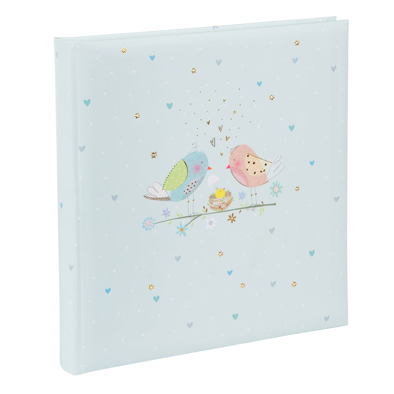 A blue Goldbuch photo album adorned with two birds and a baby bird, perfect for storing cherished memories in a photo album.