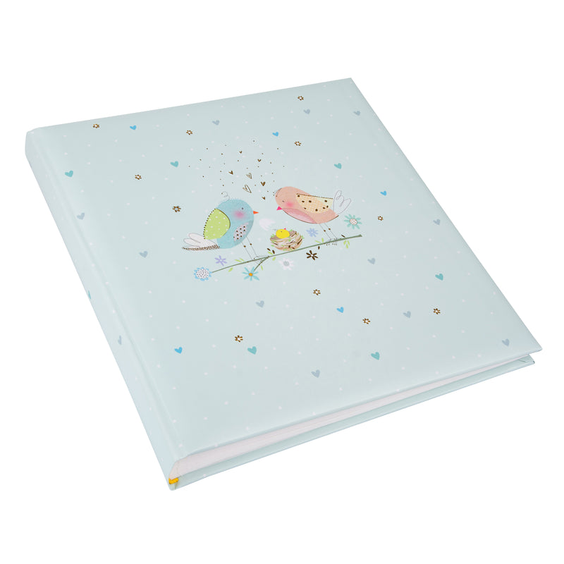 A blue Goldbuch photo album adorned with two birds and a baby bird, perfect for storing cherished memories in a photo album.