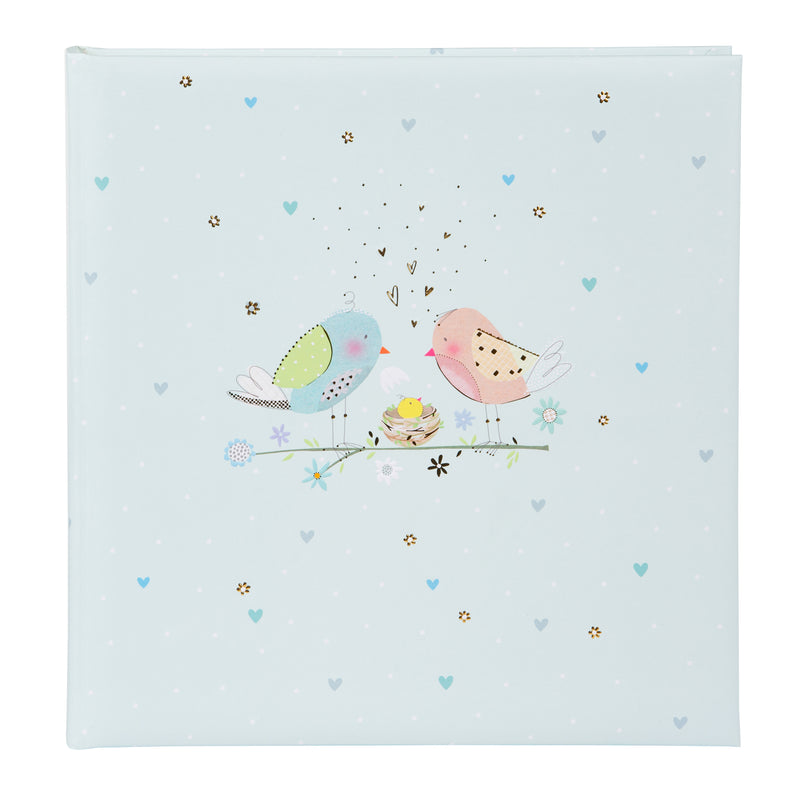 A blue Goldbuch photo album adorned with two birds and a baby bird, perfect for storing cherished memories in a photo album.