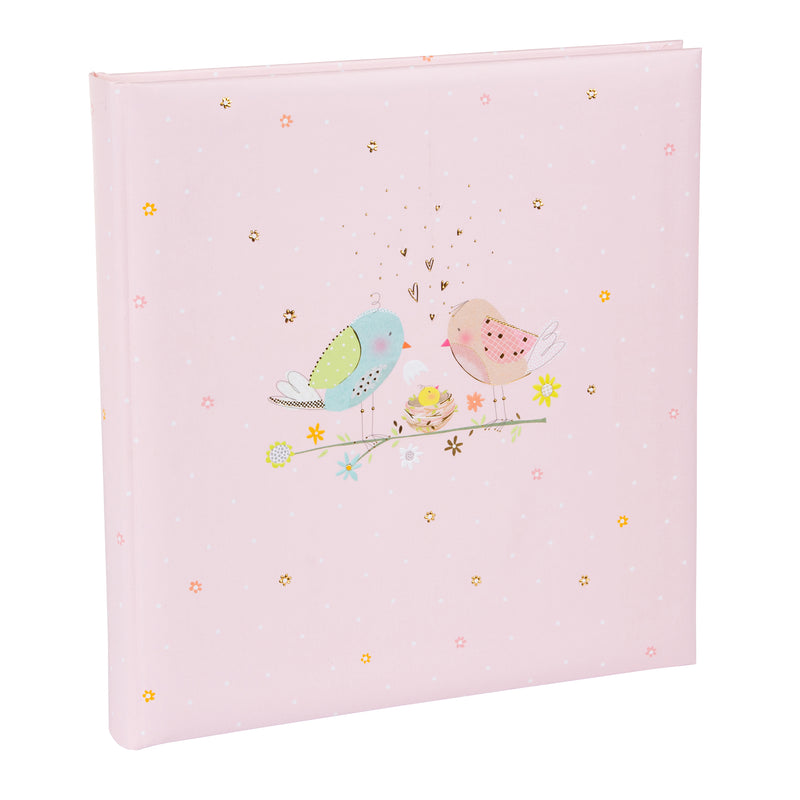 A pink Goldbuch photo album adorned with two birds and a baby bird, perfect for storing cherished memories in a photo album.