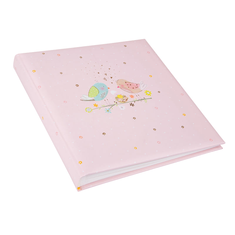 A pink Goldbuch photo album adorned with two birds and a baby bird, perfect for storing cherished memories in a photo album.