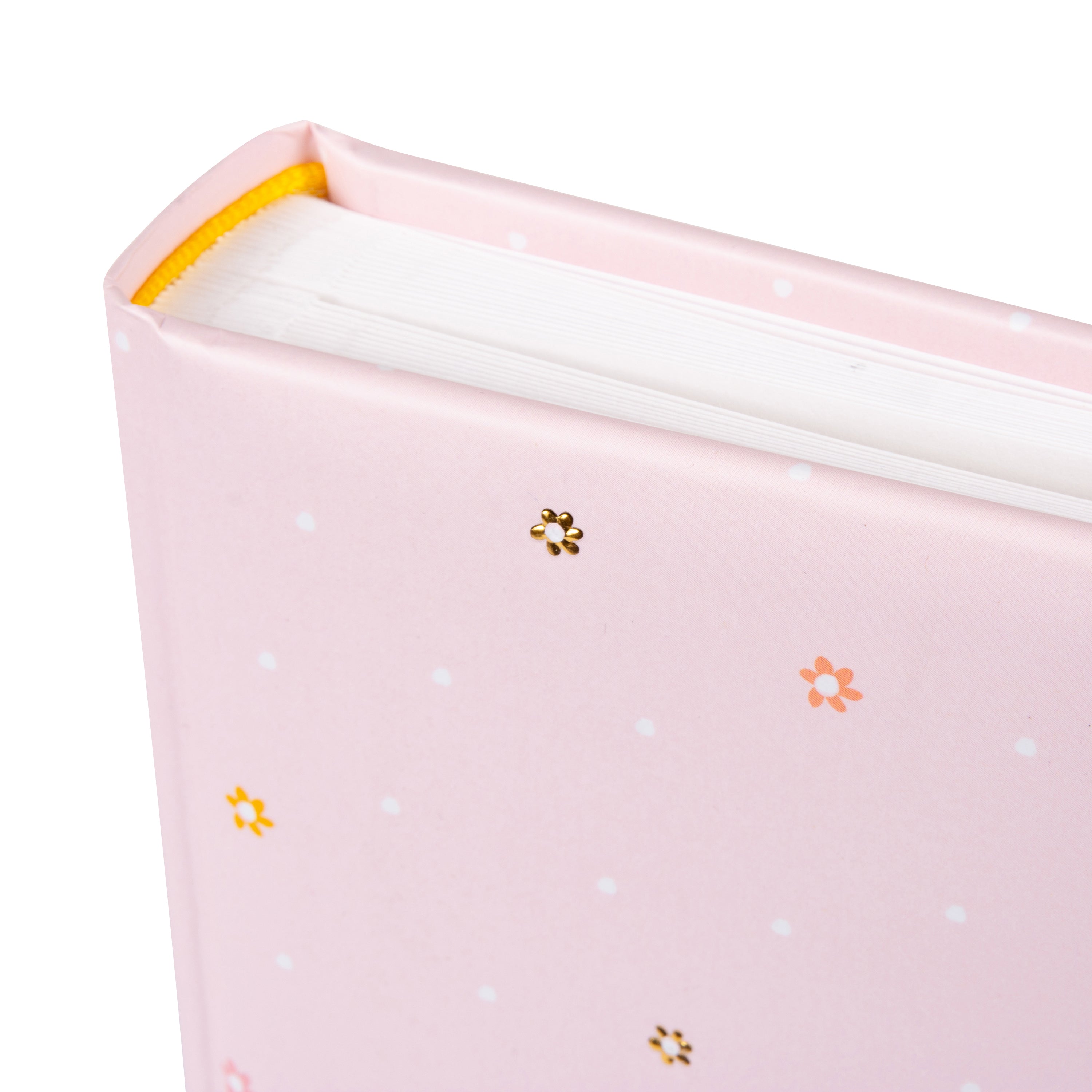 A pink Goldbuch photo album adorned with two birds and a baby bird, perfect for storing cherished memories in a photo album. Corner.