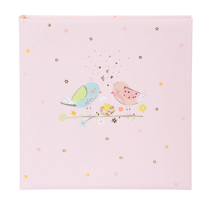 A pink Goldbuch photo album adorned with two birds and a baby bird, perfect for storing cherished memories in a photo album.