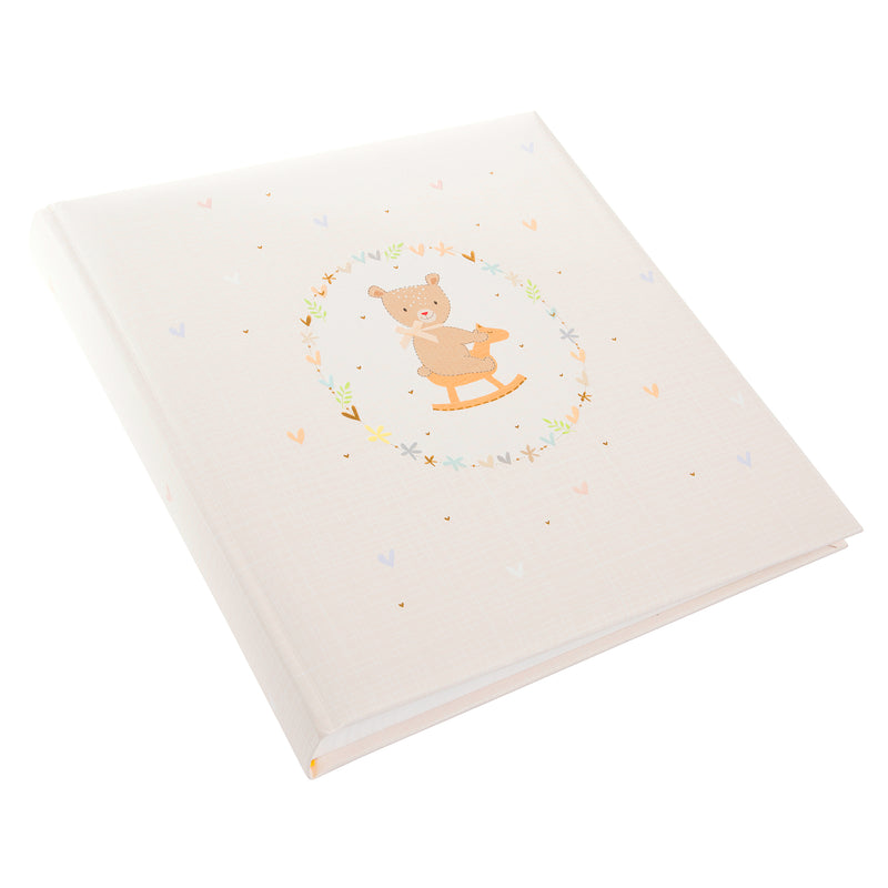 A delightful Goldbuch baby photo album showcasing a bear on a rocking horse, ideal for storing treasured childhood moments.