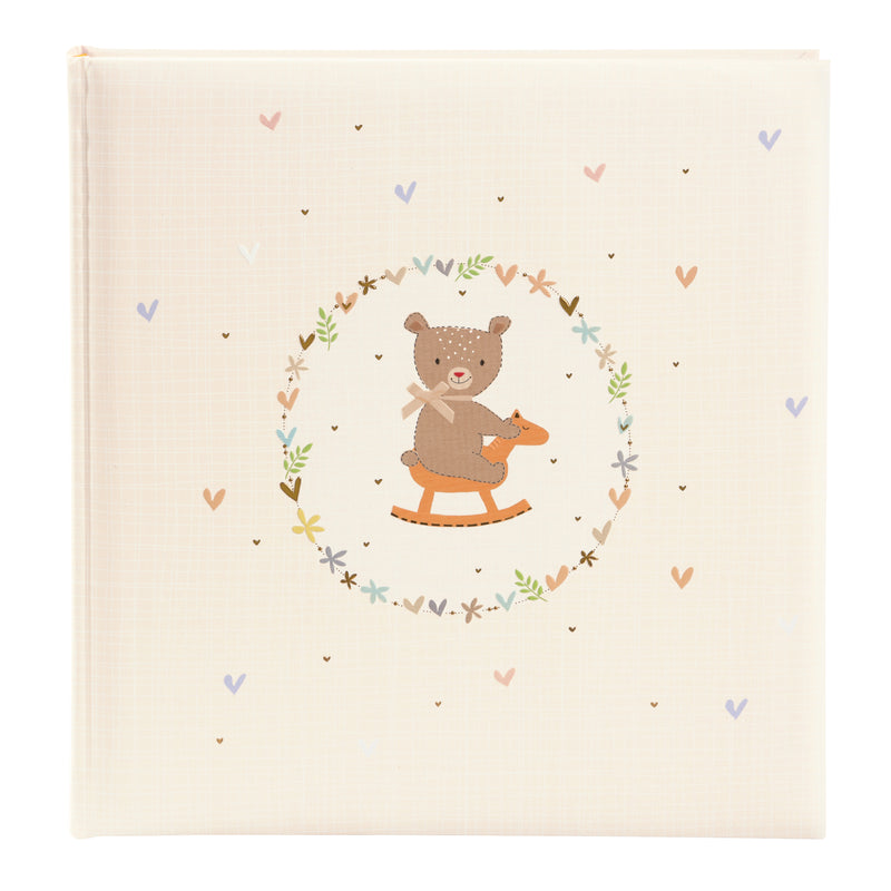 A delightful Goldbuch baby photo album showcasing a bear on a rocking horse, ideal for storing treasured childhood moments.