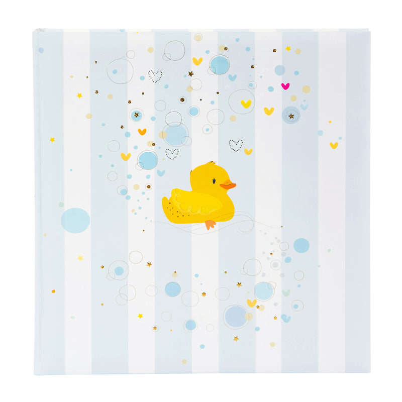 A Goldbuch album cover with bubbles and hearts,  adorned with a yellow duck, ideal for capturing memories in a photo album.