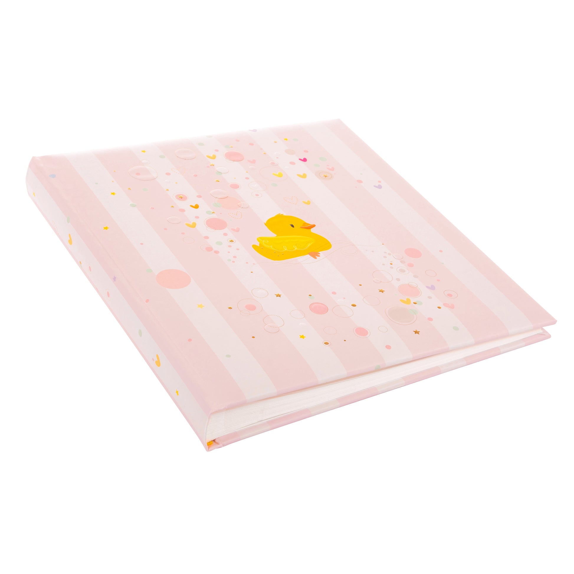 A Goldbuch album cover with bubbles and hearts,  adorned with a yellow duck, ideal for capturing memories in a photo album.