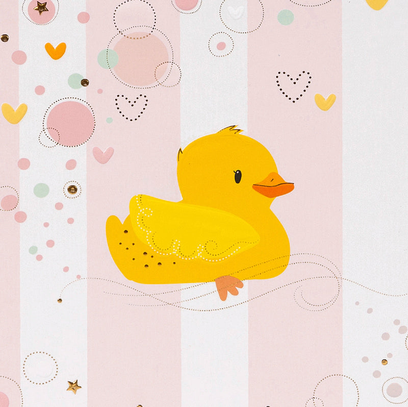 A Goldbuch album cover with bubbles and hearts,  adorned with a yellow duck, ideal for capturing memories in a photo album.