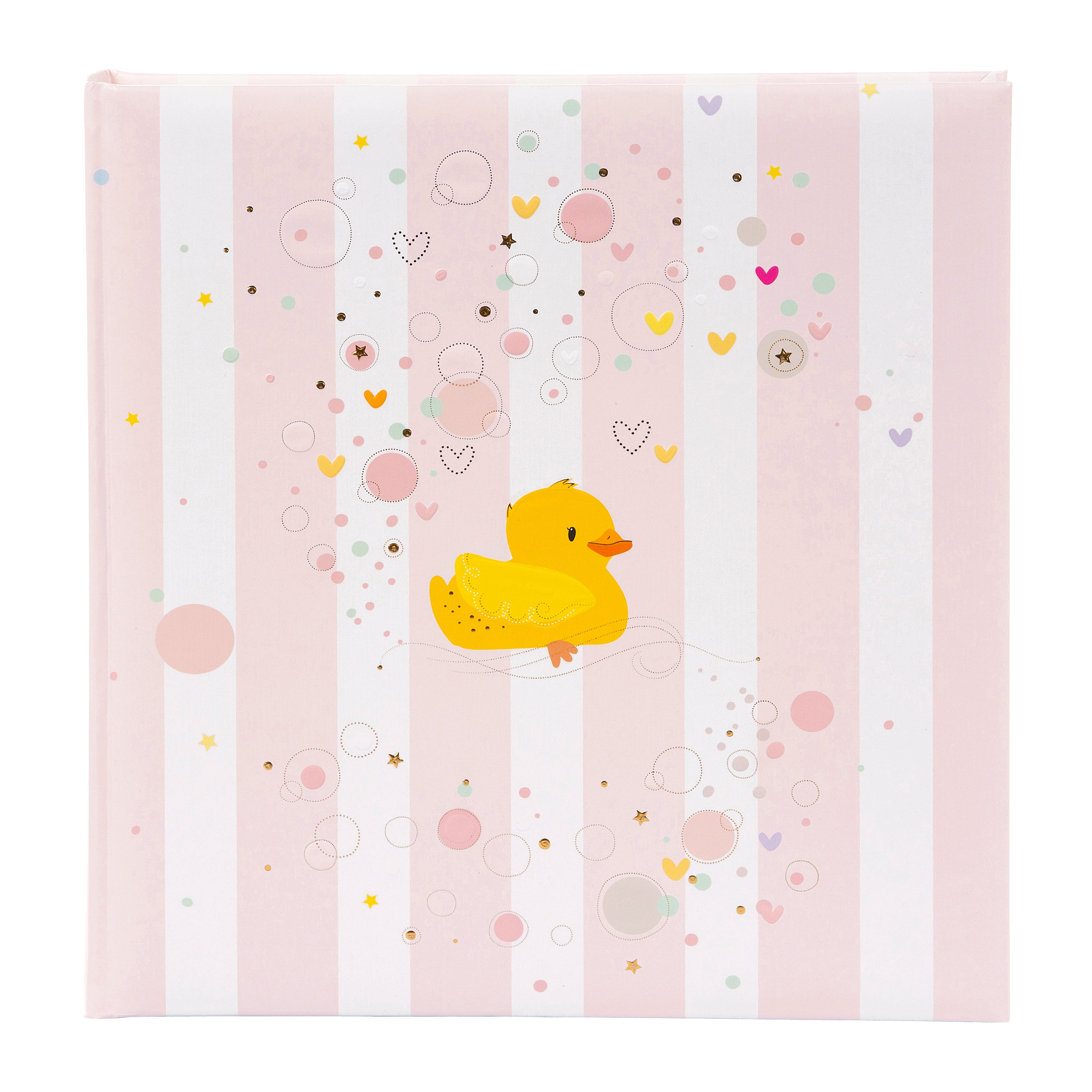 A Goldbuch album cover with bubbles and hearts,  adorned with a yellow duck, ideal for capturing memories in a photo album.