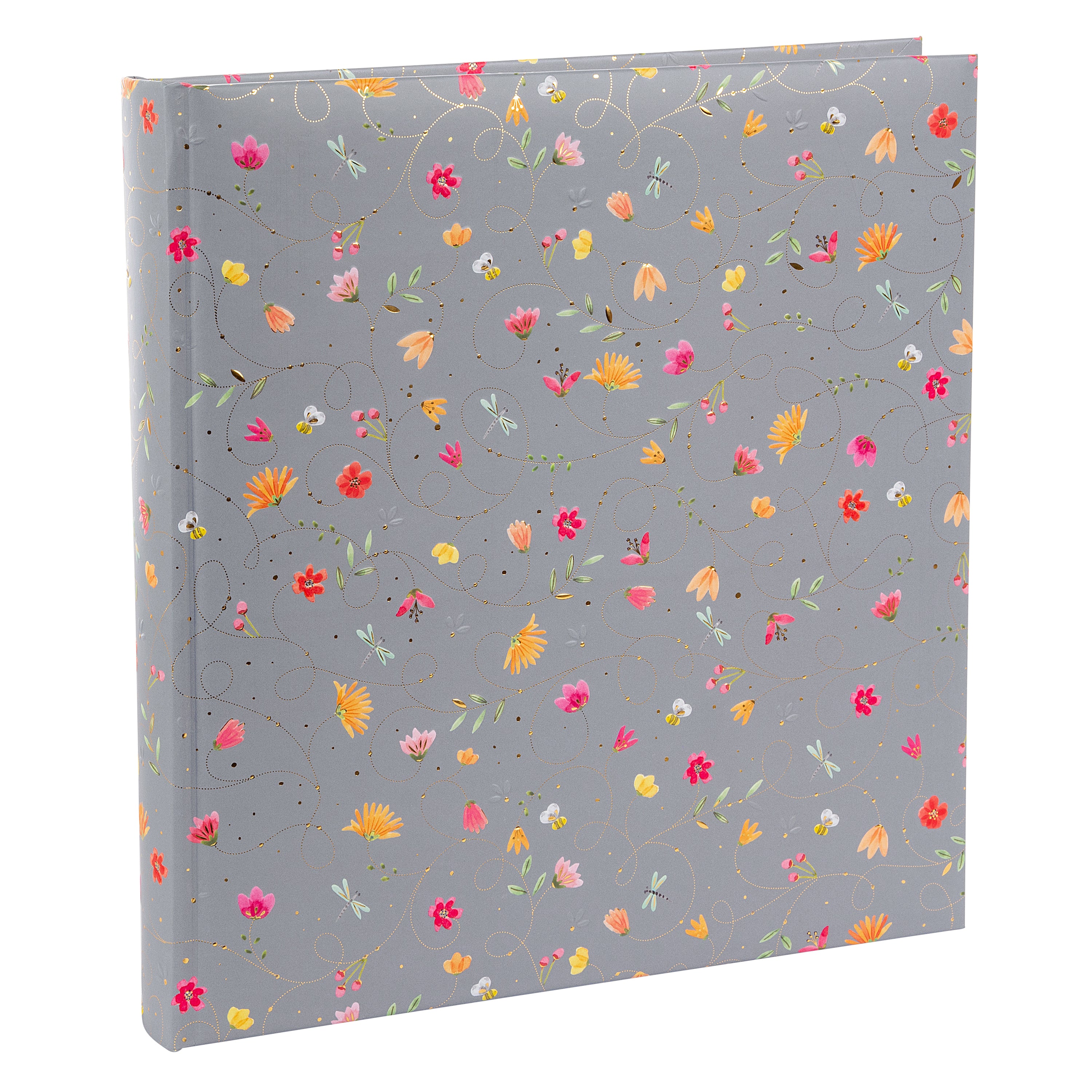A grey Goldbuch photo album notebook adorned with vibrant flowers, showcasing creativity and personal expression.