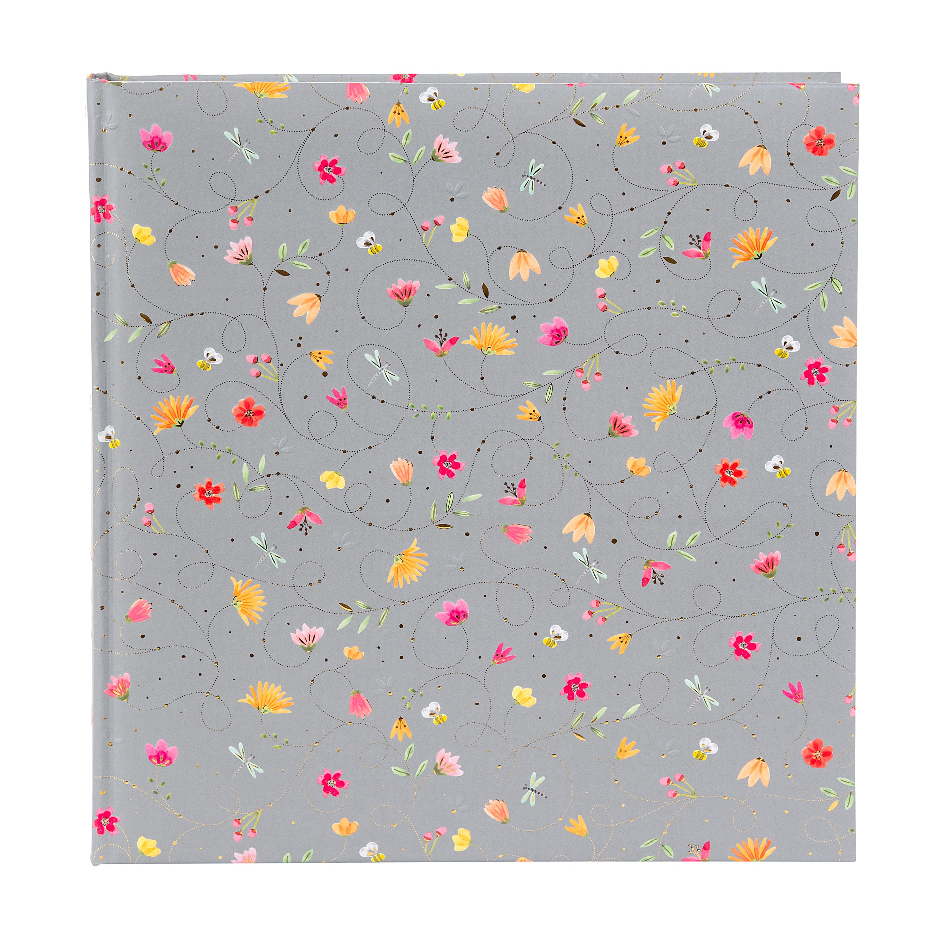 A grey Goldbuch photo album notebook adorned with vibrant flowers, showcasing creativity and personal expression.