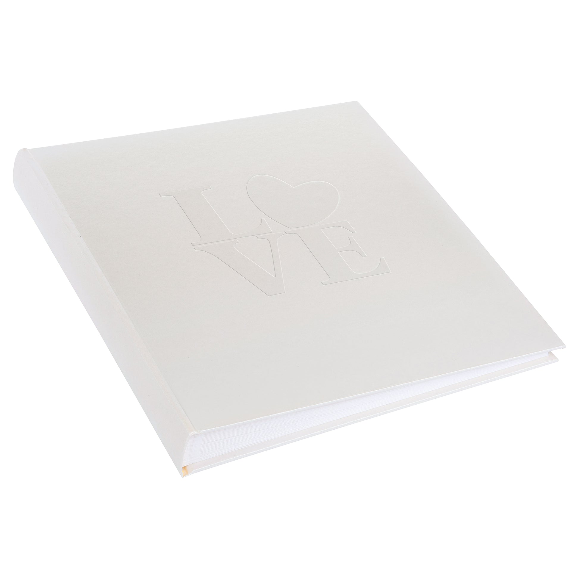 A white Goldbuch wedding photo album showcasing the word "love" beautifully positioned in the middle of the cover.
