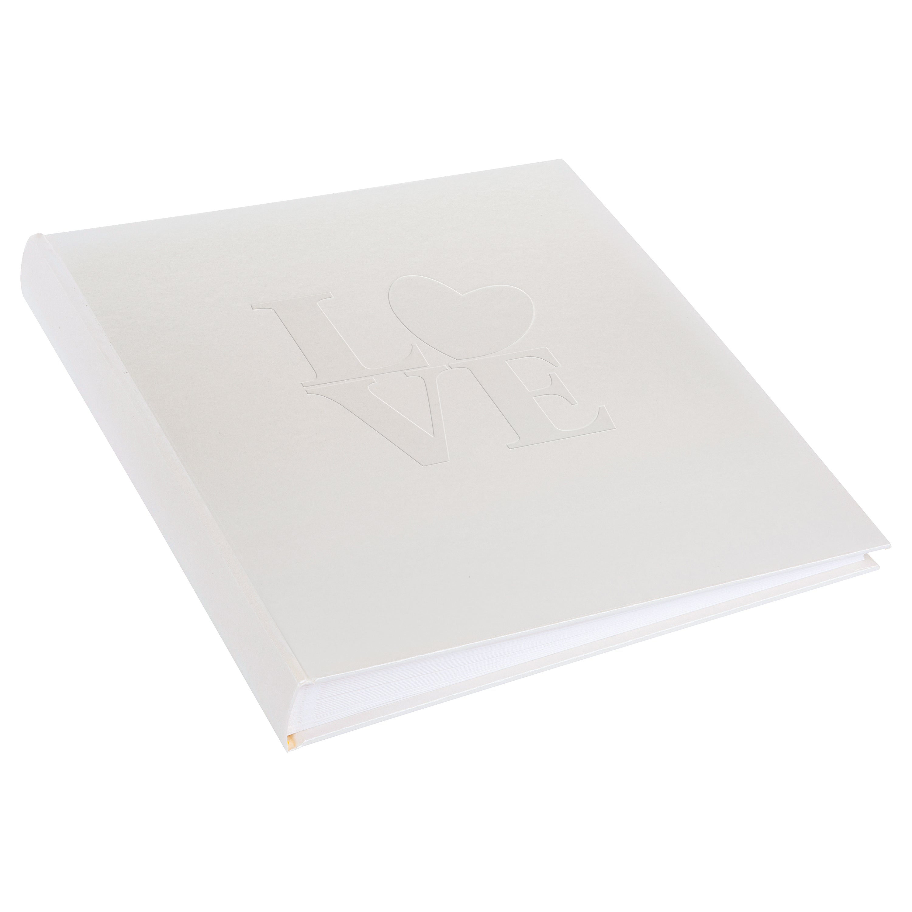 A white Goldbuch wedding photo album showcasing the word "love" beautifully positioned in the middle of the cover.