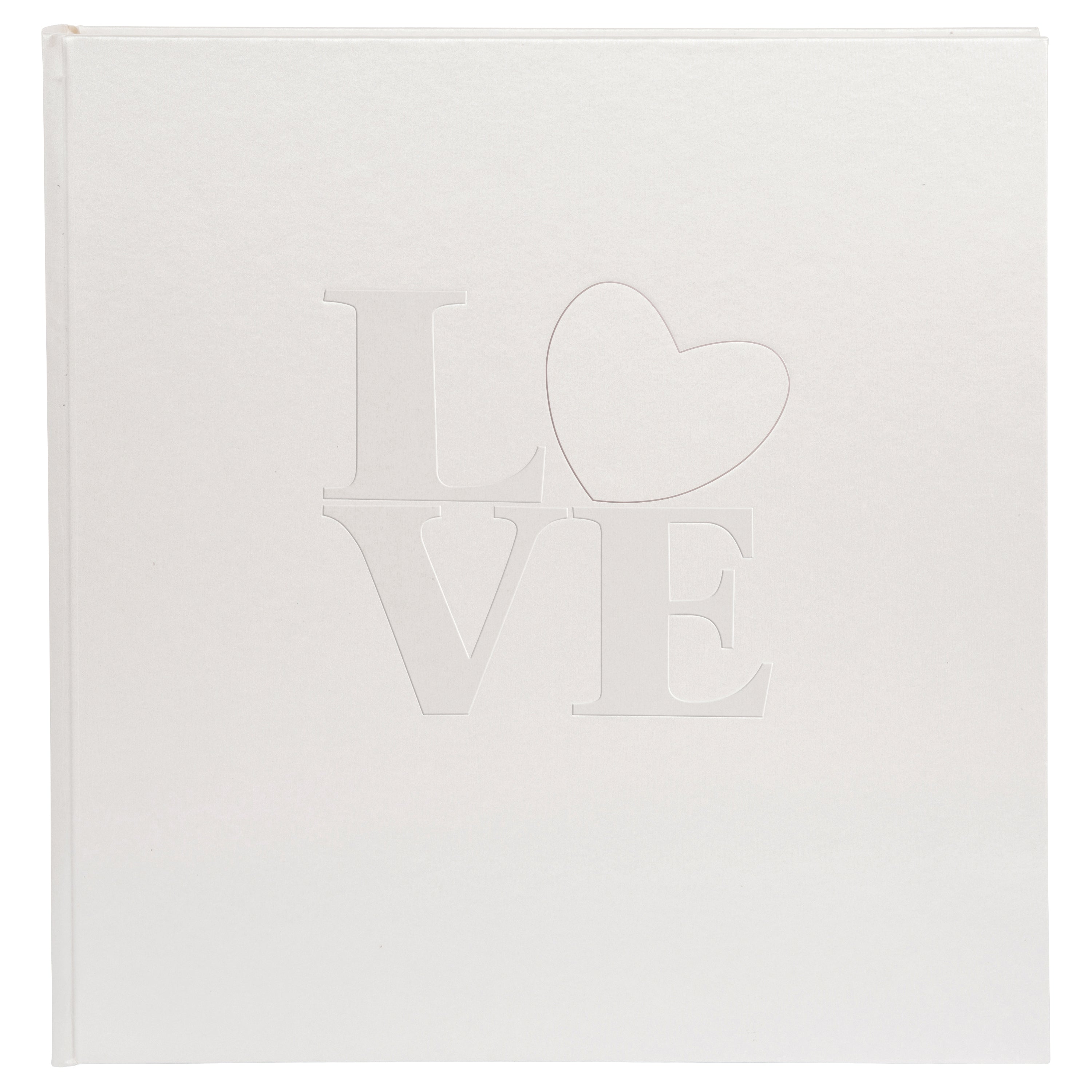 A white Goldbuch wedding photo album showcasing the word "love" beautifully positioned in the middle of the cover.