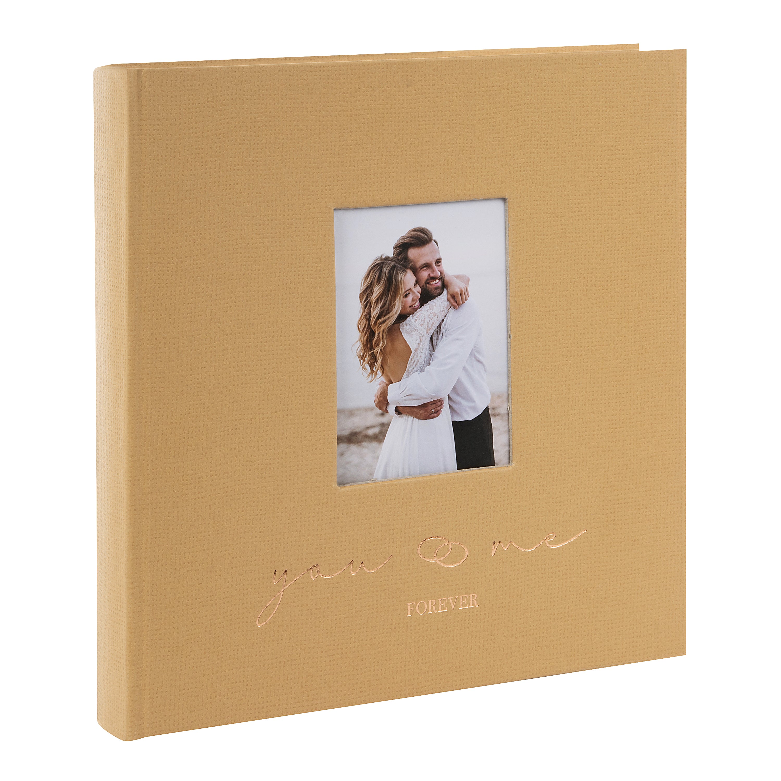 A Goldbuch photo album with a cover illustration of a couple in love, showcasing its hardcover design and white pages.