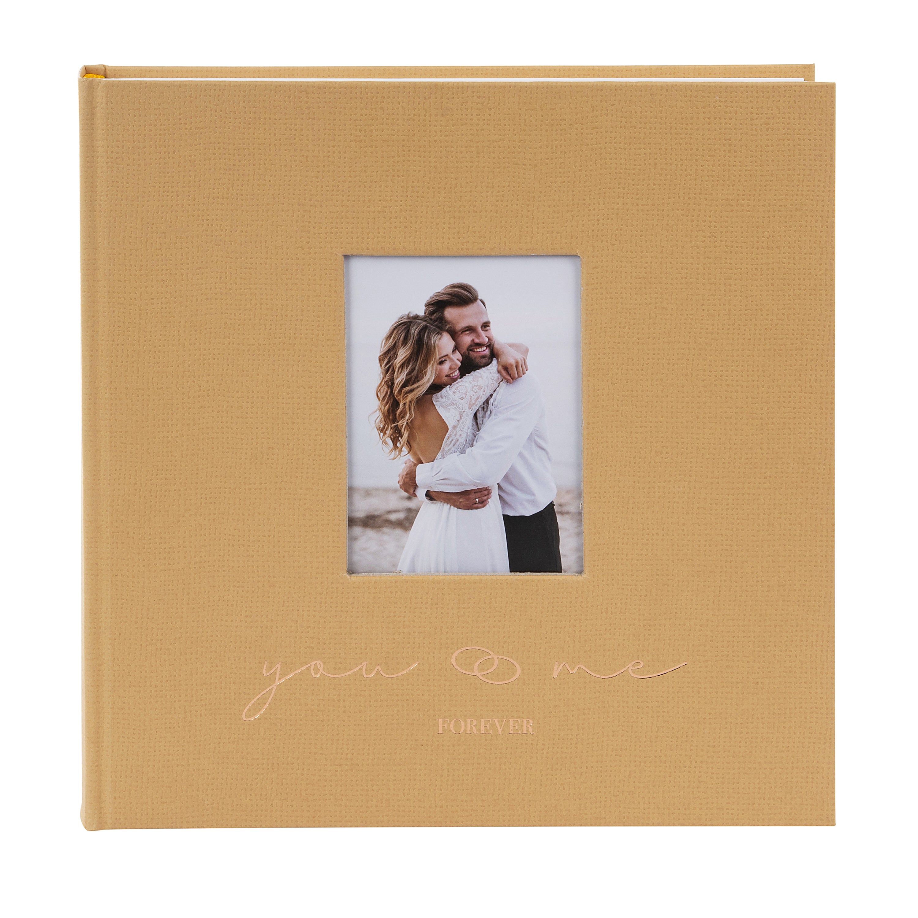 A Goldbuch photo album with a cover illustration of a couple in love, showcasing its hardcover design and white pages.