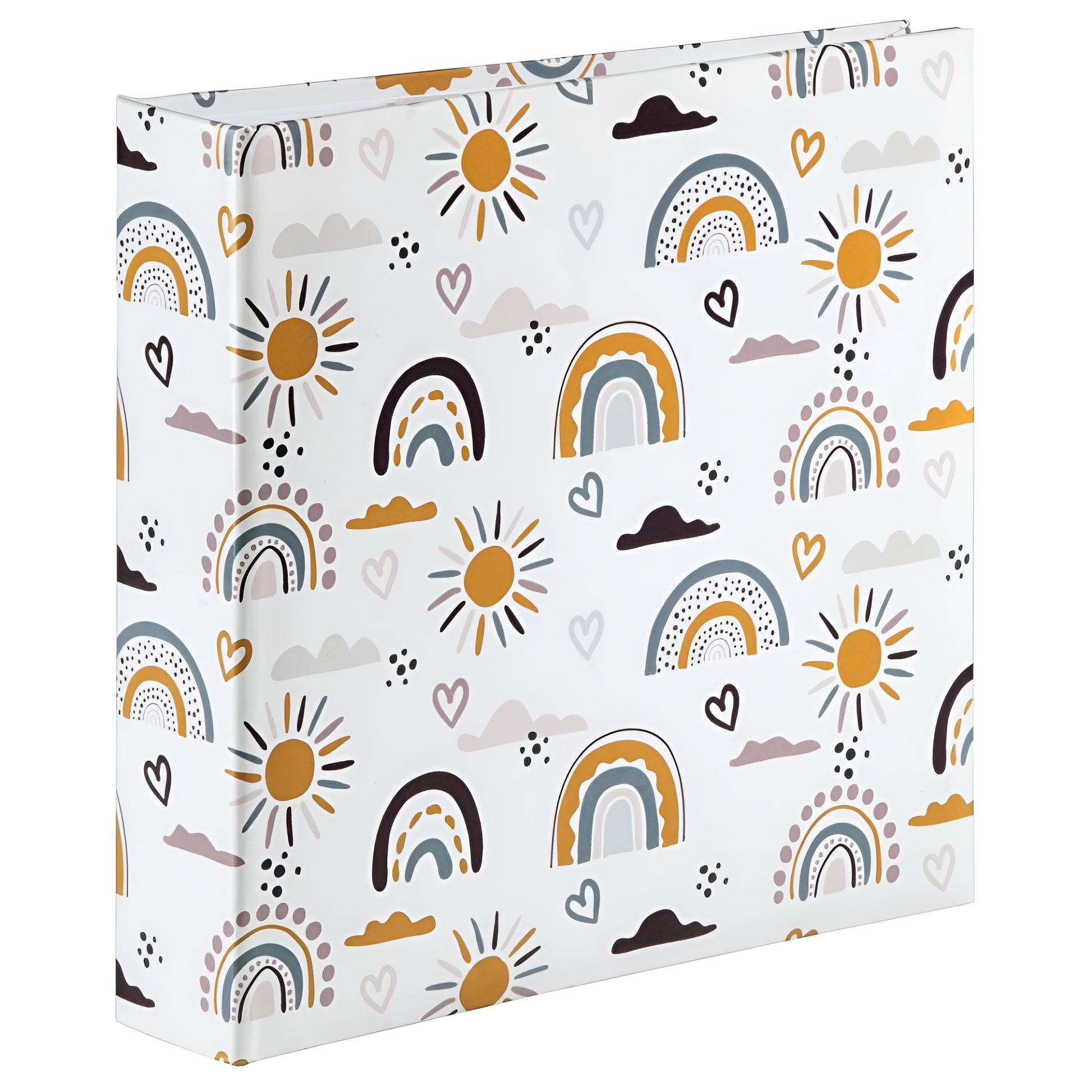 Hama Photo Album, showcasing a white binder with a cheerful rainbow and sun design.