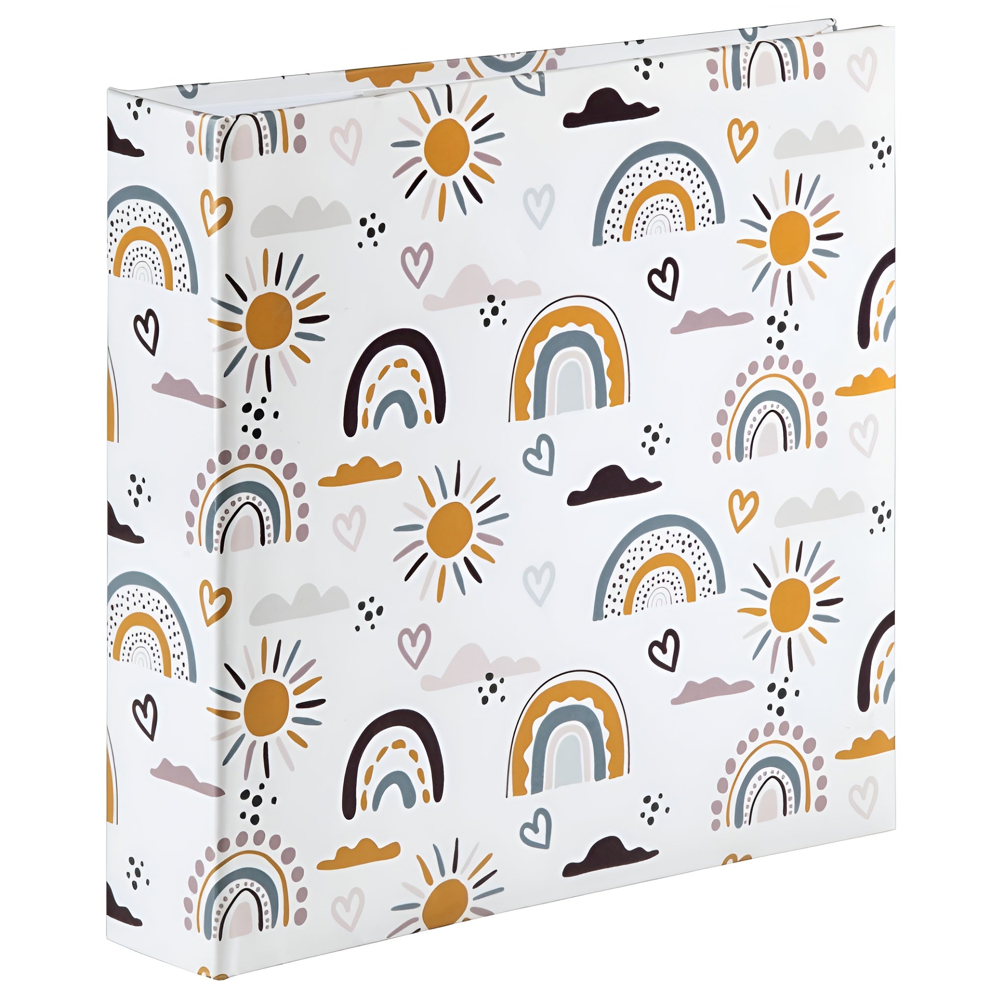 Hama Photo Album, showcasing a white binder with a cheerful rainbow and sun design.