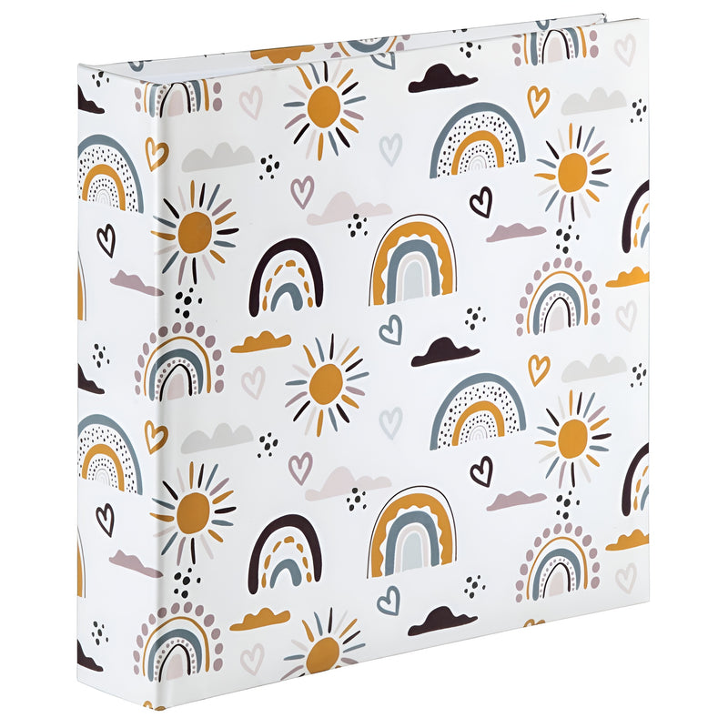 Hama Photo Album, showcasing a white binder with a cheerful rainbow and sun design.