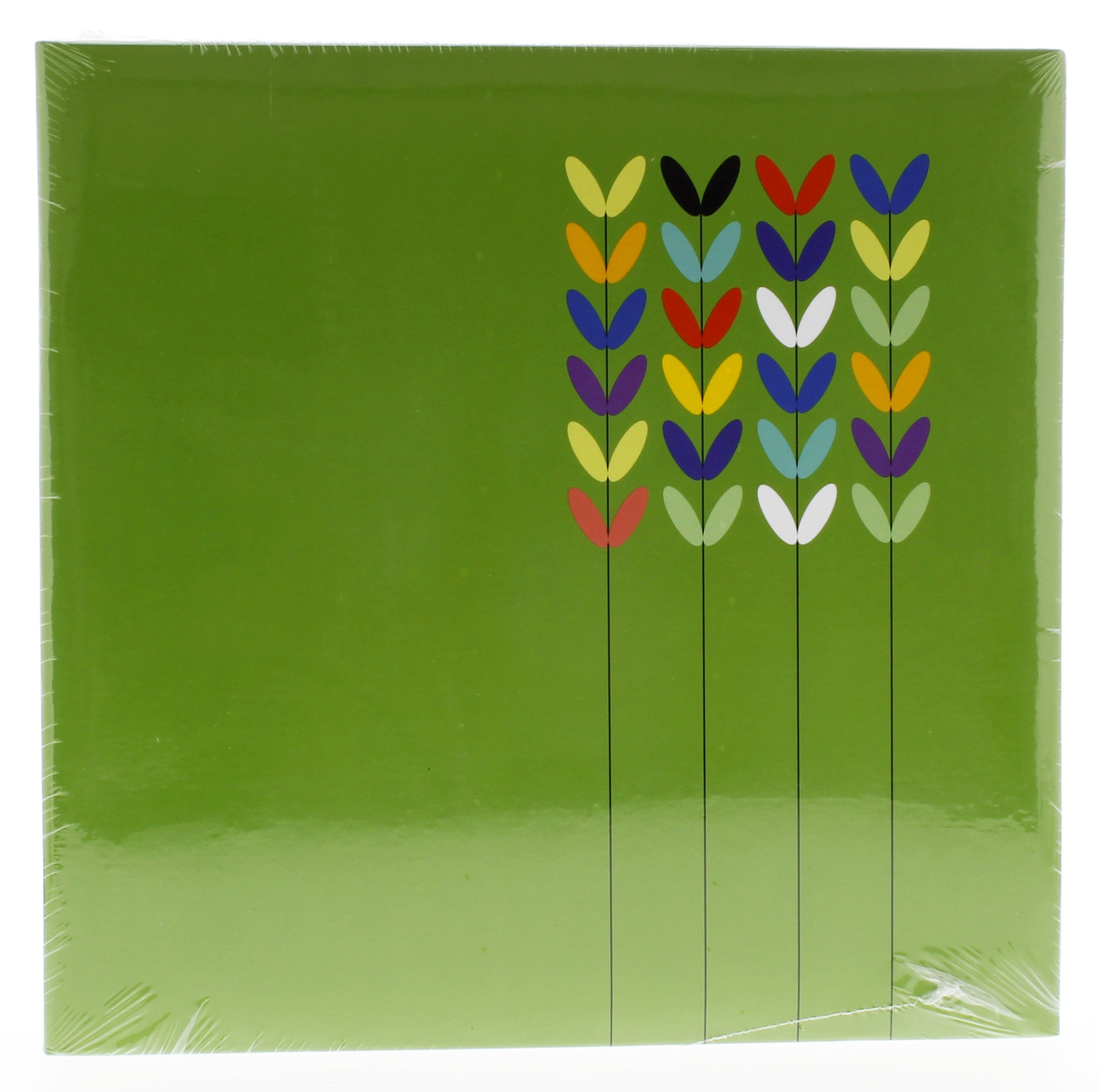 A Hama green photo album binder adorned with colorful flowers on the cover.