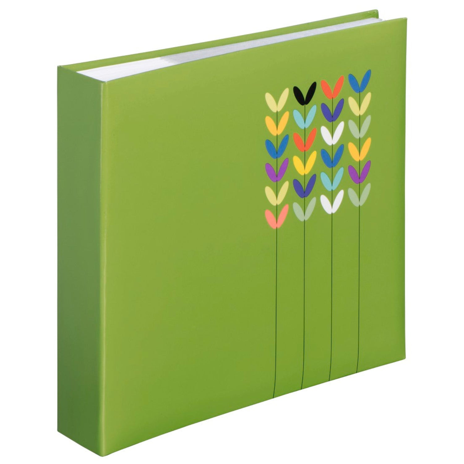A Hama green photo album binder adorned with colorful flowers on the cover.