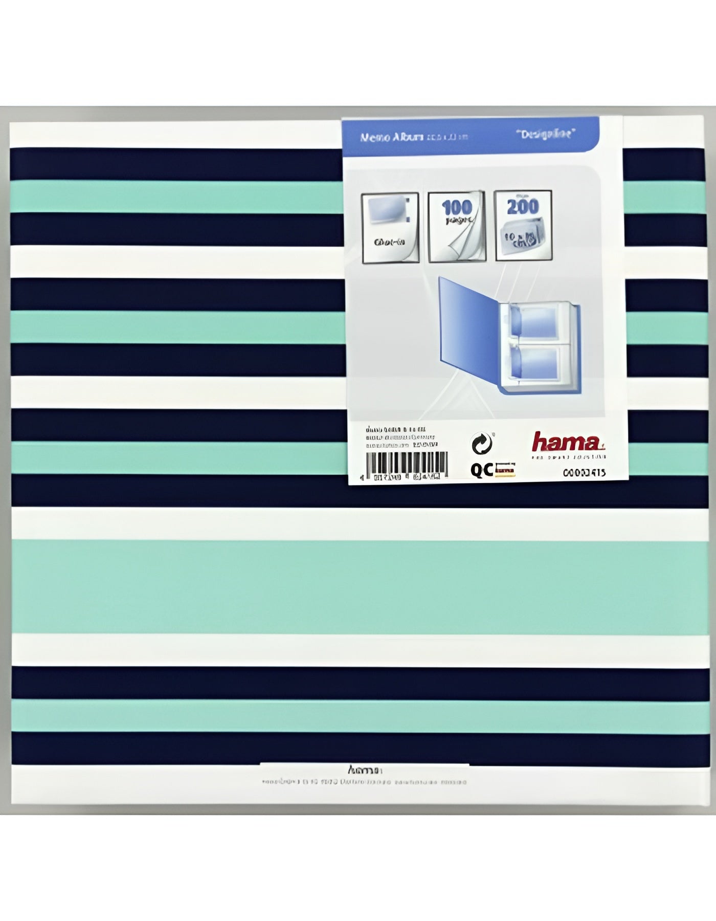 A Hama photo album showcasing a blue and white striped design with a clean white border for an elegant appearance.