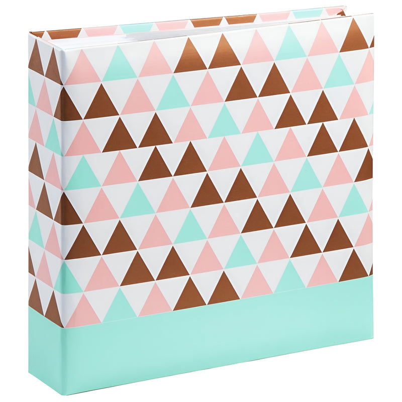 Triangle patterned binder in pink and brown with a white cover, designed as a Hama photo album.