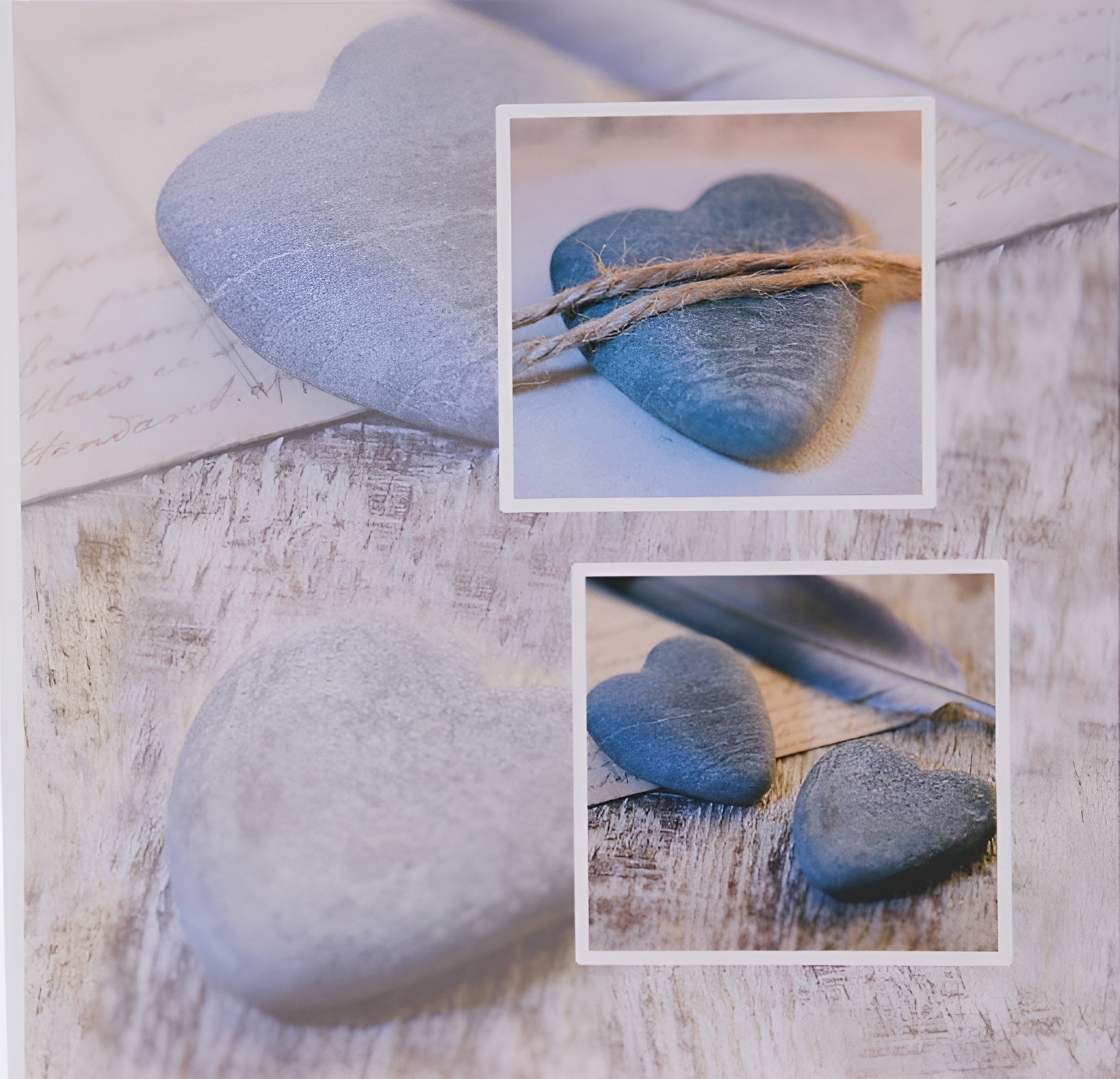 A blue heart-shaped stone positioned on a wooden table, showcased in the Hama Photo Album.