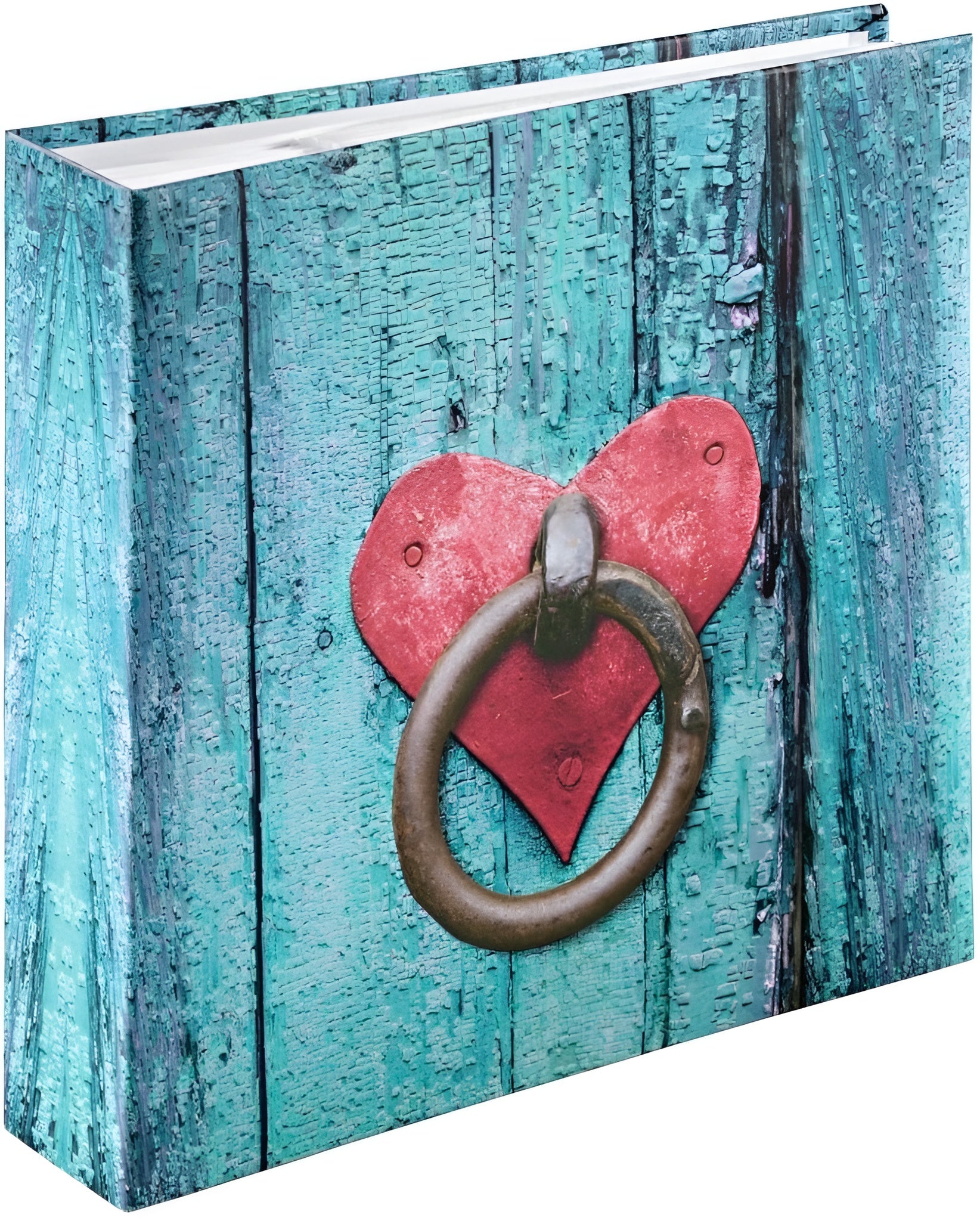 A Hama Photo album with red heart-shaped door knocker on a blue door, showcasing unique home decor.
