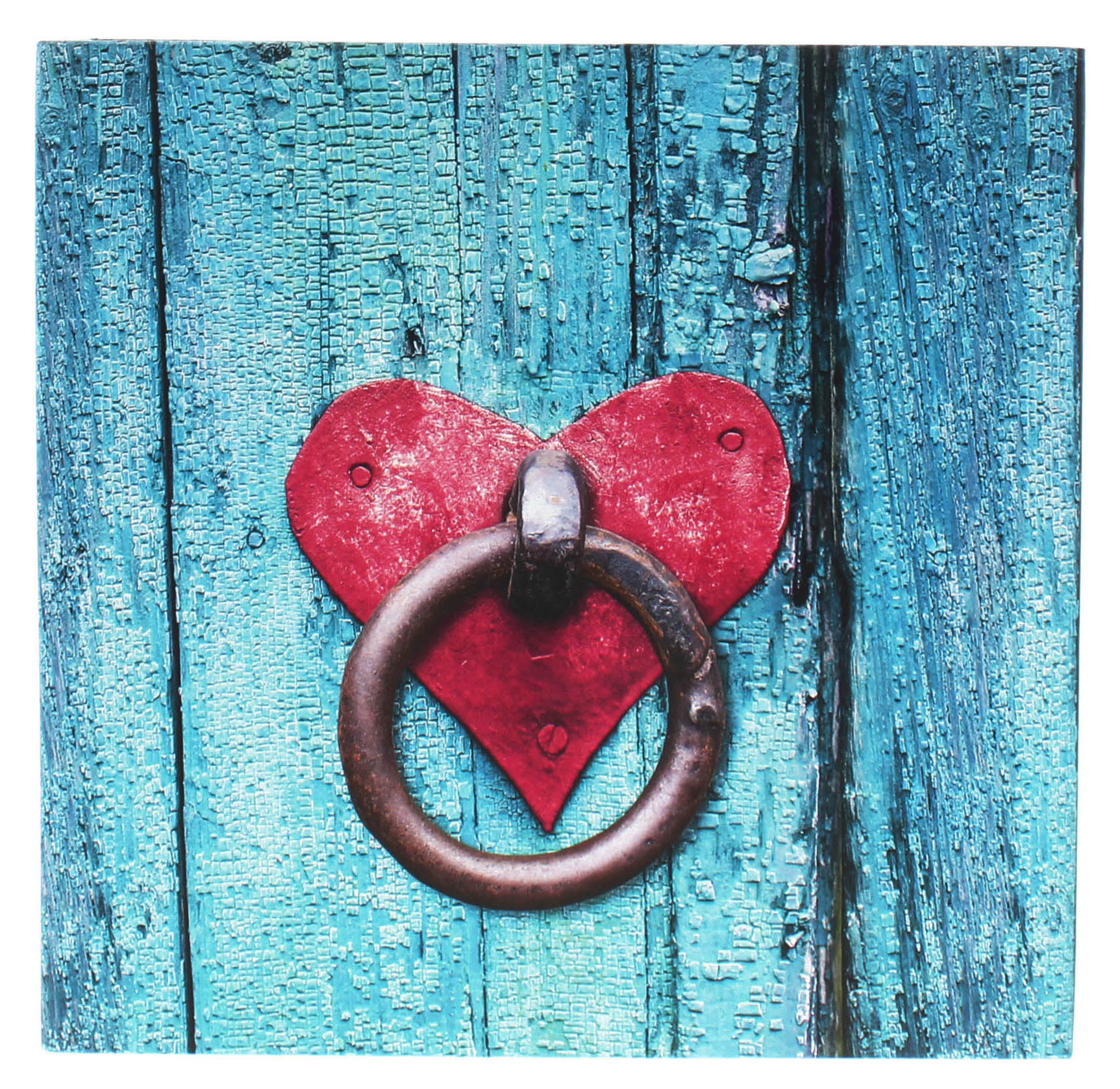 A Hama Photo album with red heart-shaped door knocker on a blue door, showcasing unique home decor.