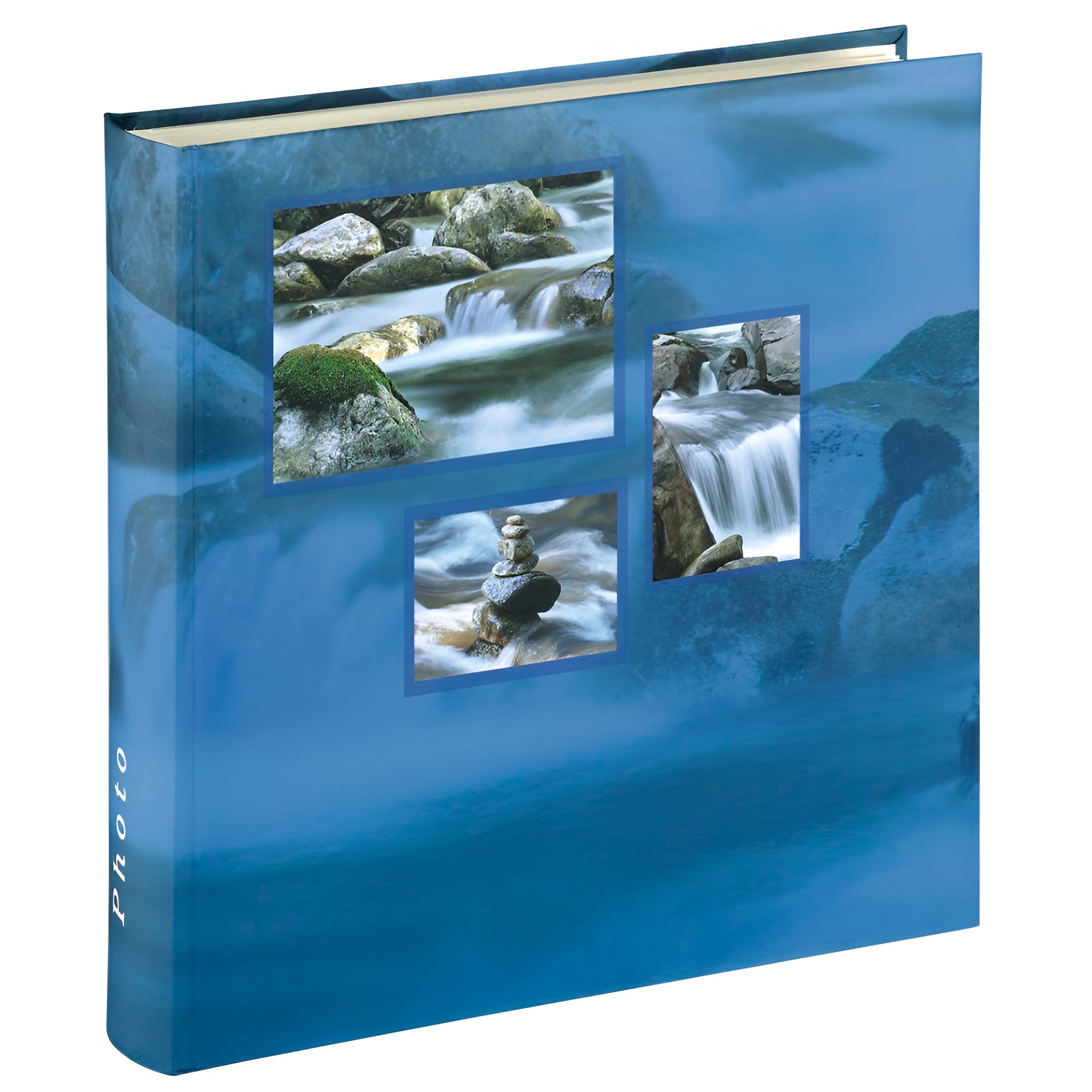 A blue Hama photo album featuring images of waterfalls and rocks, showcasing nature's beauty in vibrant colors.