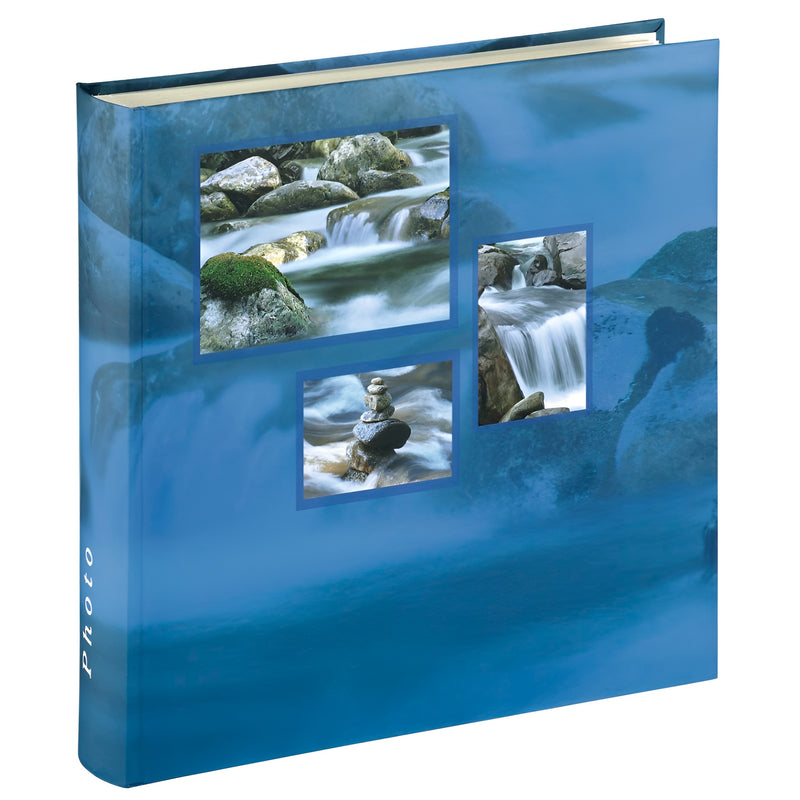 A blue Hama photo album featuring images of waterfalls and rocks, showcasing nature's beauty in vibrant colors.