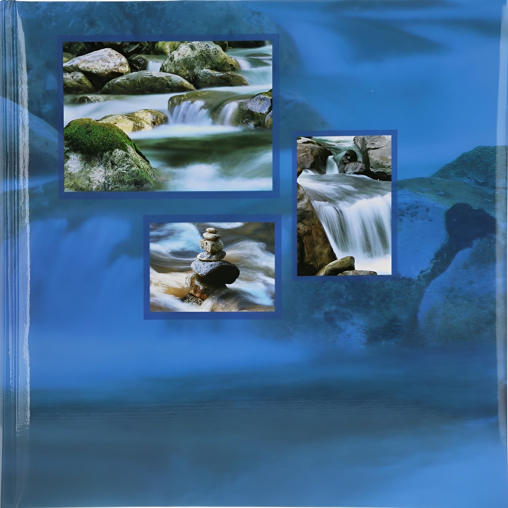 A blue Hama photo album featuring images of waterfalls and rocks, showcasing nature's beauty in vibrant colors.