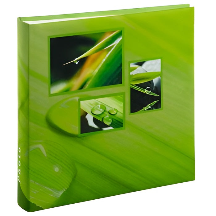 A green Hama photo album displaying various pictures of water drops, highlighting their unique shapes and reflections.
