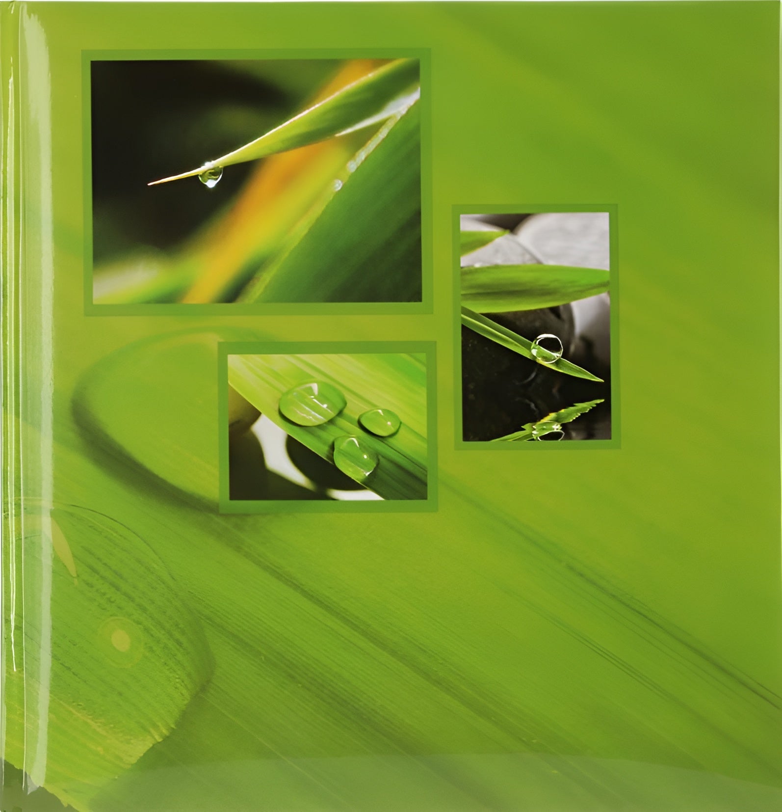 A green Hama photo album displaying various pictures of water drops, highlighting their unique shapes and reflections.