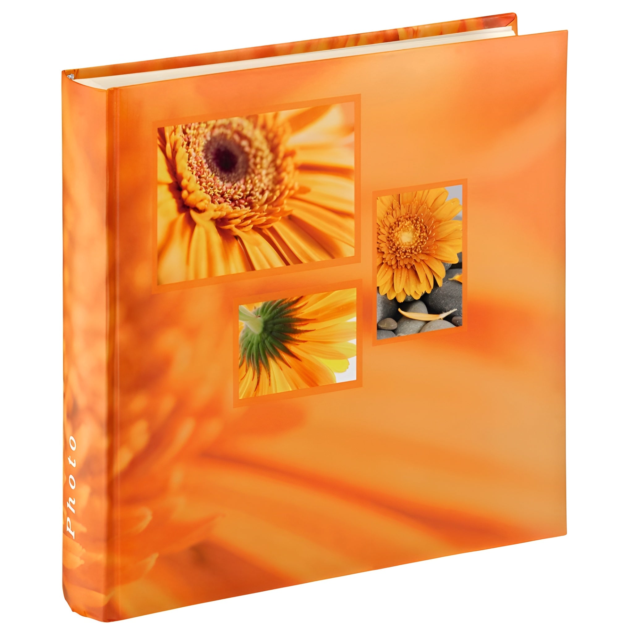 A orange Hama photo album displaying various pictures of orange flowers, highlighting their unique shapes.