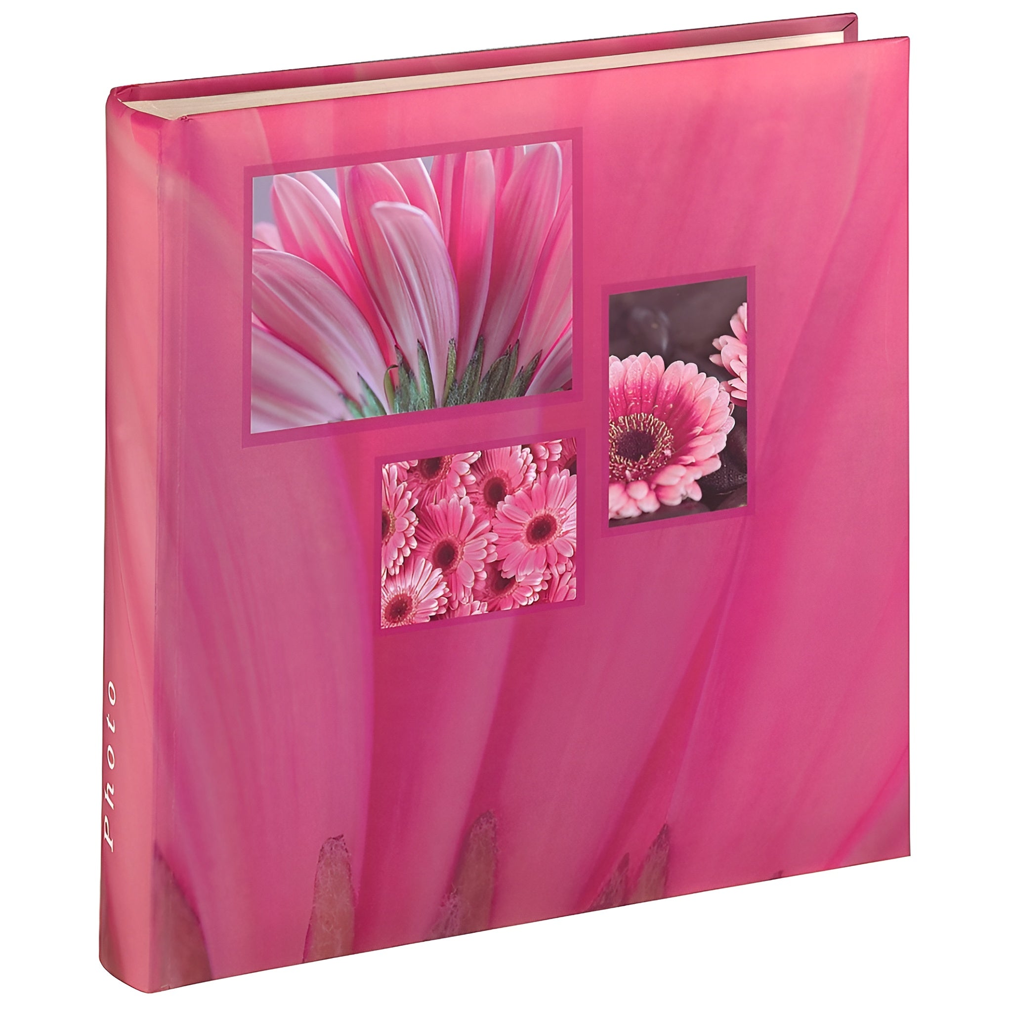 A pink Hama photo album displaying various pictures of pink flowers, highlighting their unique shapes.