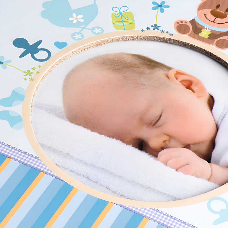 A Hama baby photo album featuring a blue cover and a striped border, ideal for preserving cherished memories.