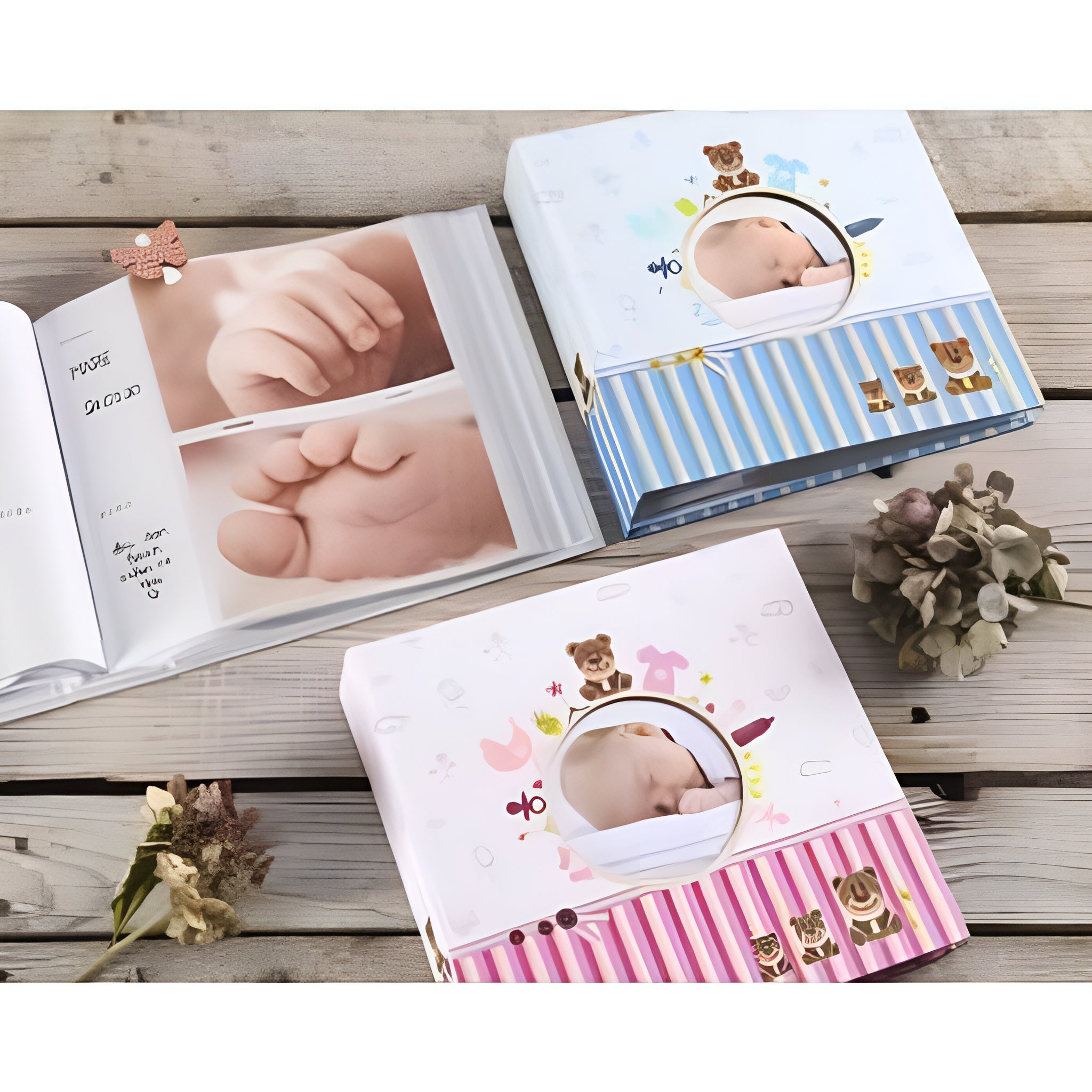 A Hama baby photo album featuring a blue cover and a striped border, ideal for preserving cherished memories.