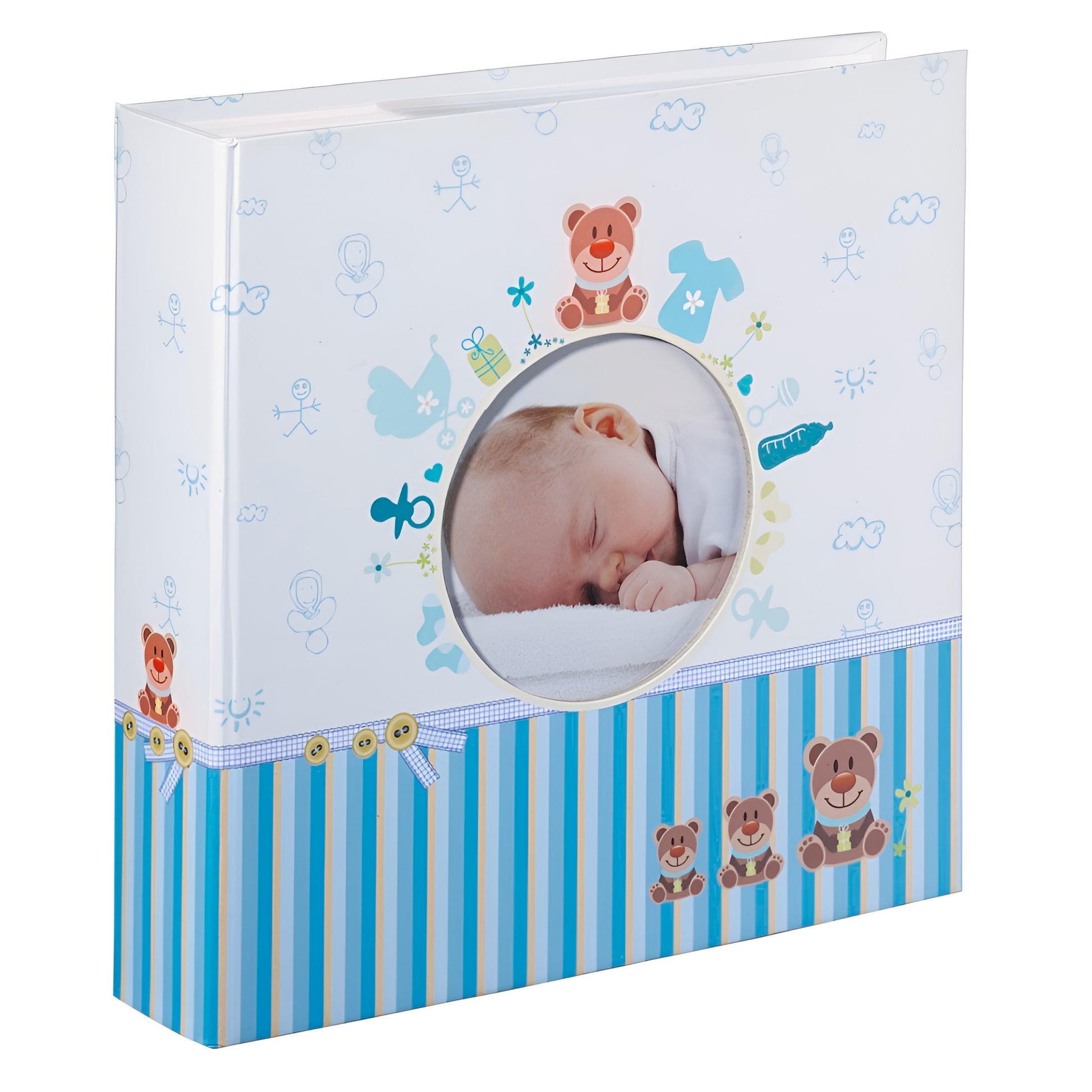 A Hama baby photo album featuring a blue cover and a striped border, ideal for preserving cherished memories.