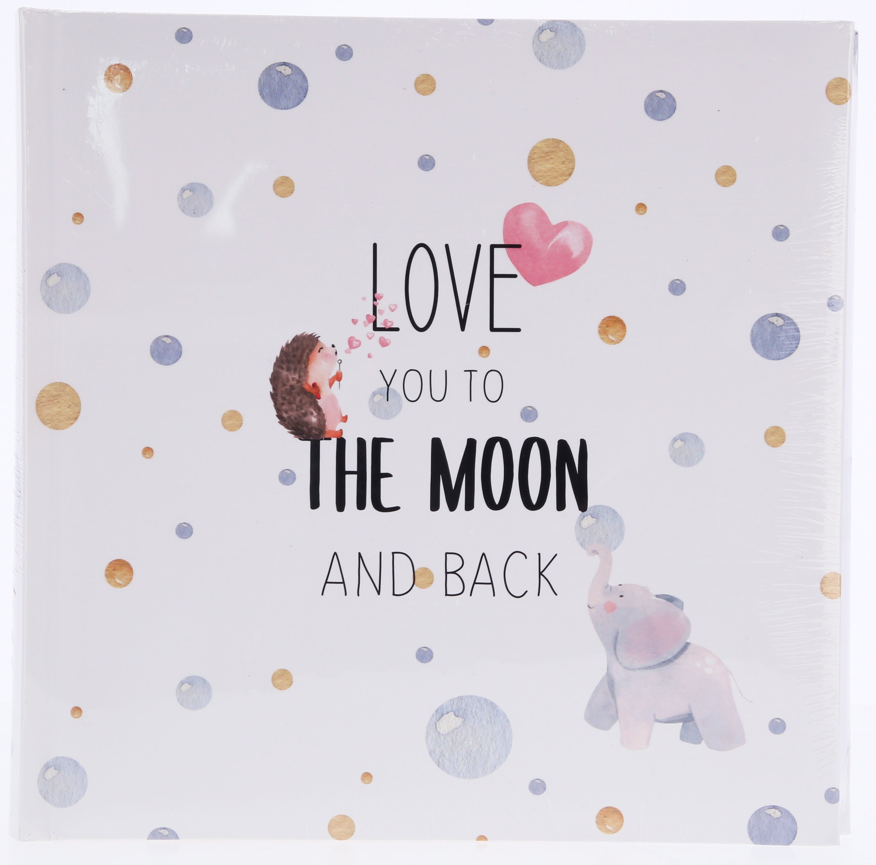 Hama photo album cover featuring the phrase "love you to the moon and back" with decorative elements.