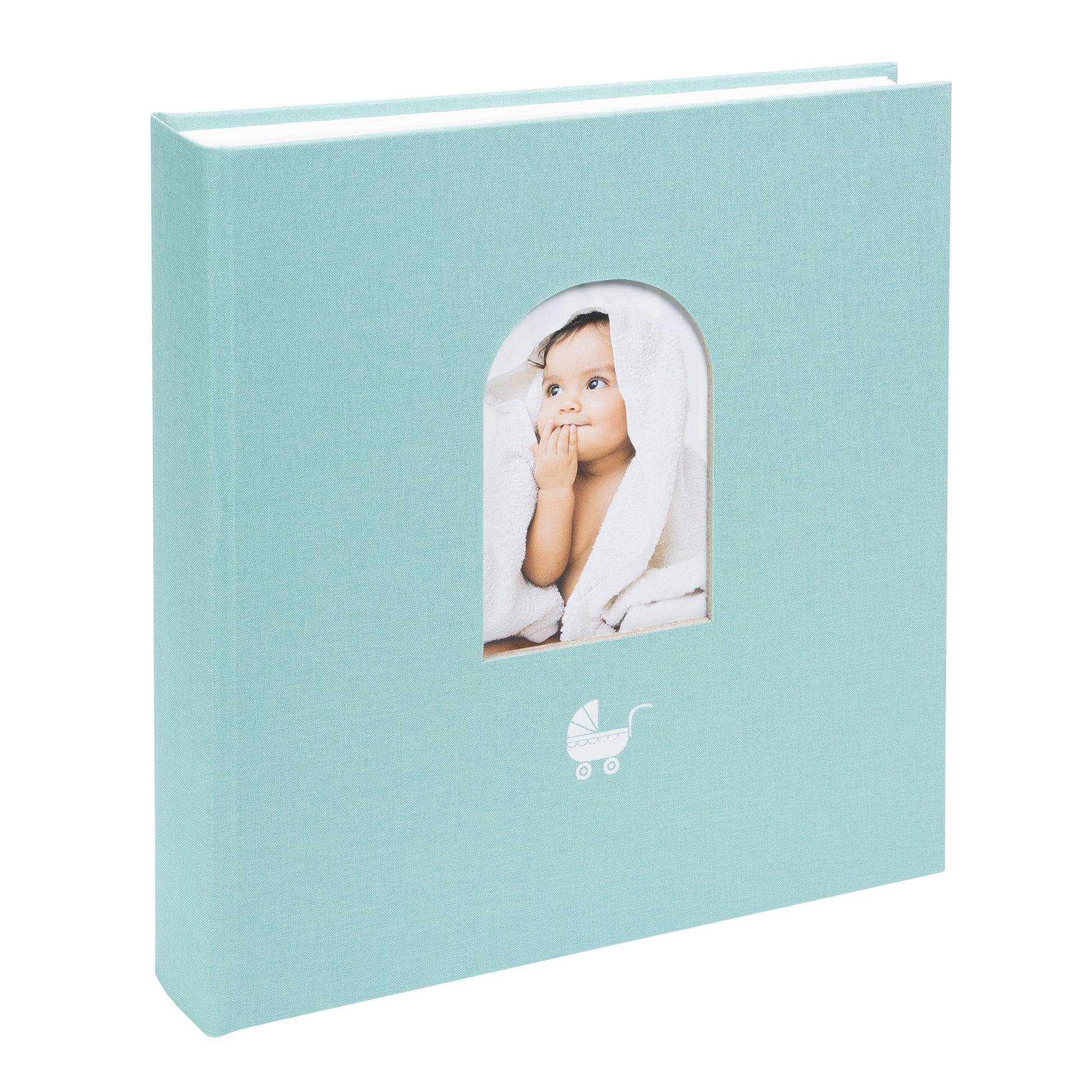 Light blue Goldbuch photo album with a cutout featuring a baby, on a white background