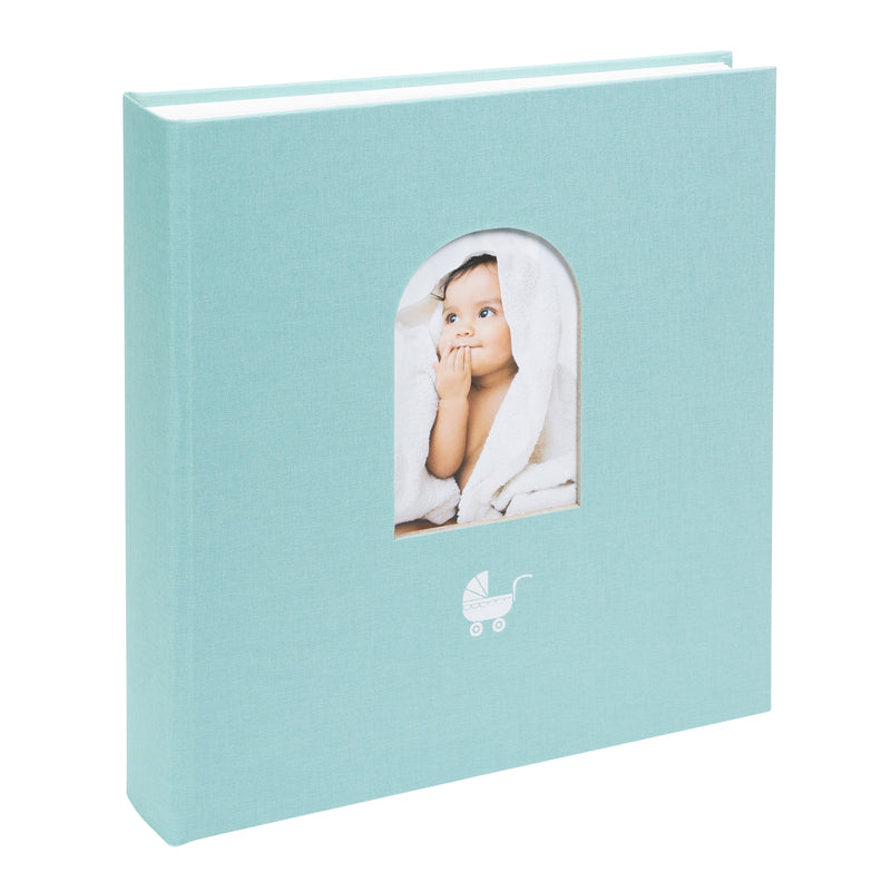 Light blue Goldbuch photo album with a cutout featuring a baby, on a white background