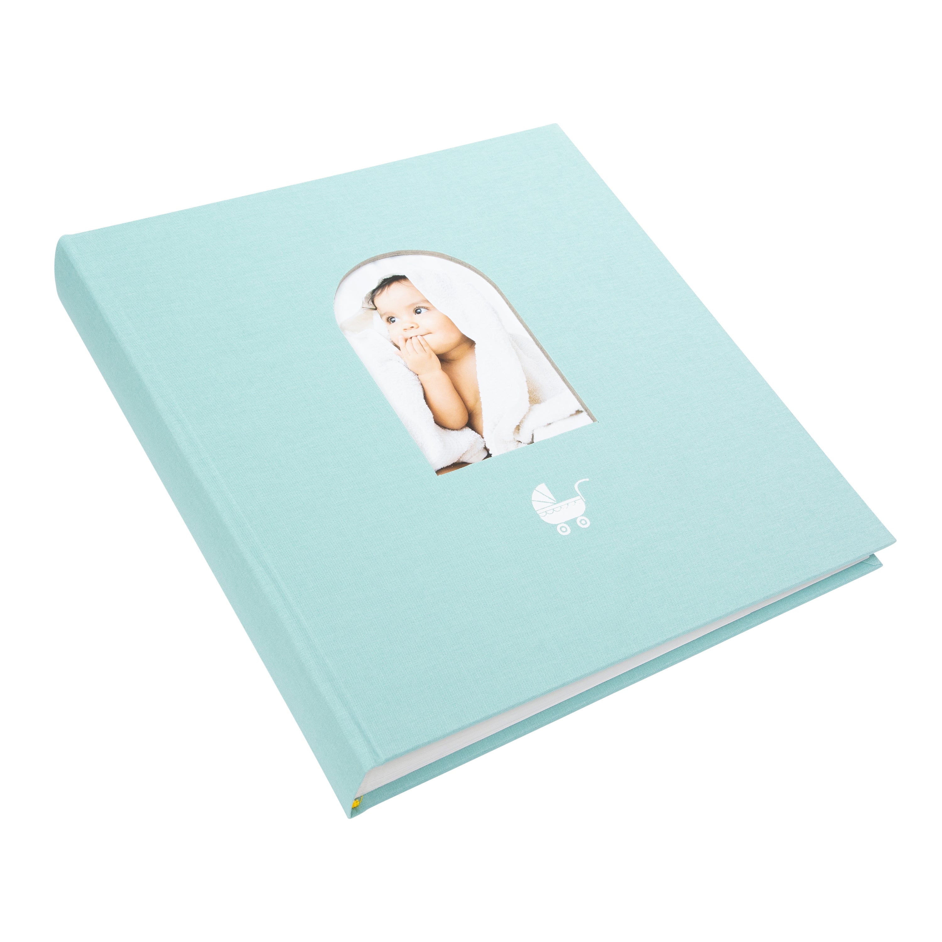 Light blue Goldbuch photo album with a cutout featuring a baby, on a white background