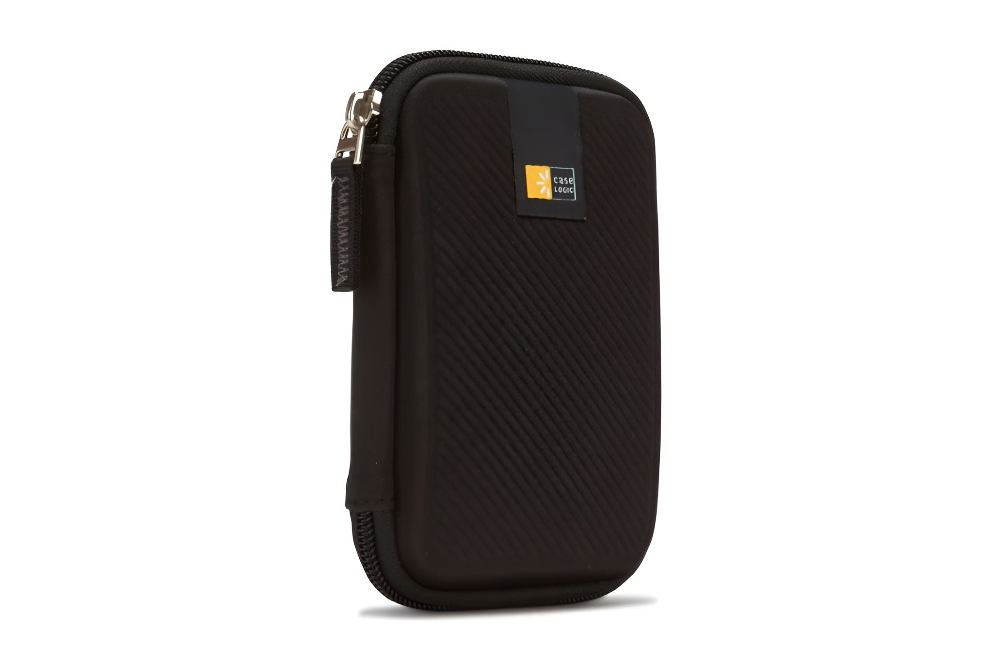 A black Case Logic portable hard drive case, designed for durability and easy transport of data storage solutions.