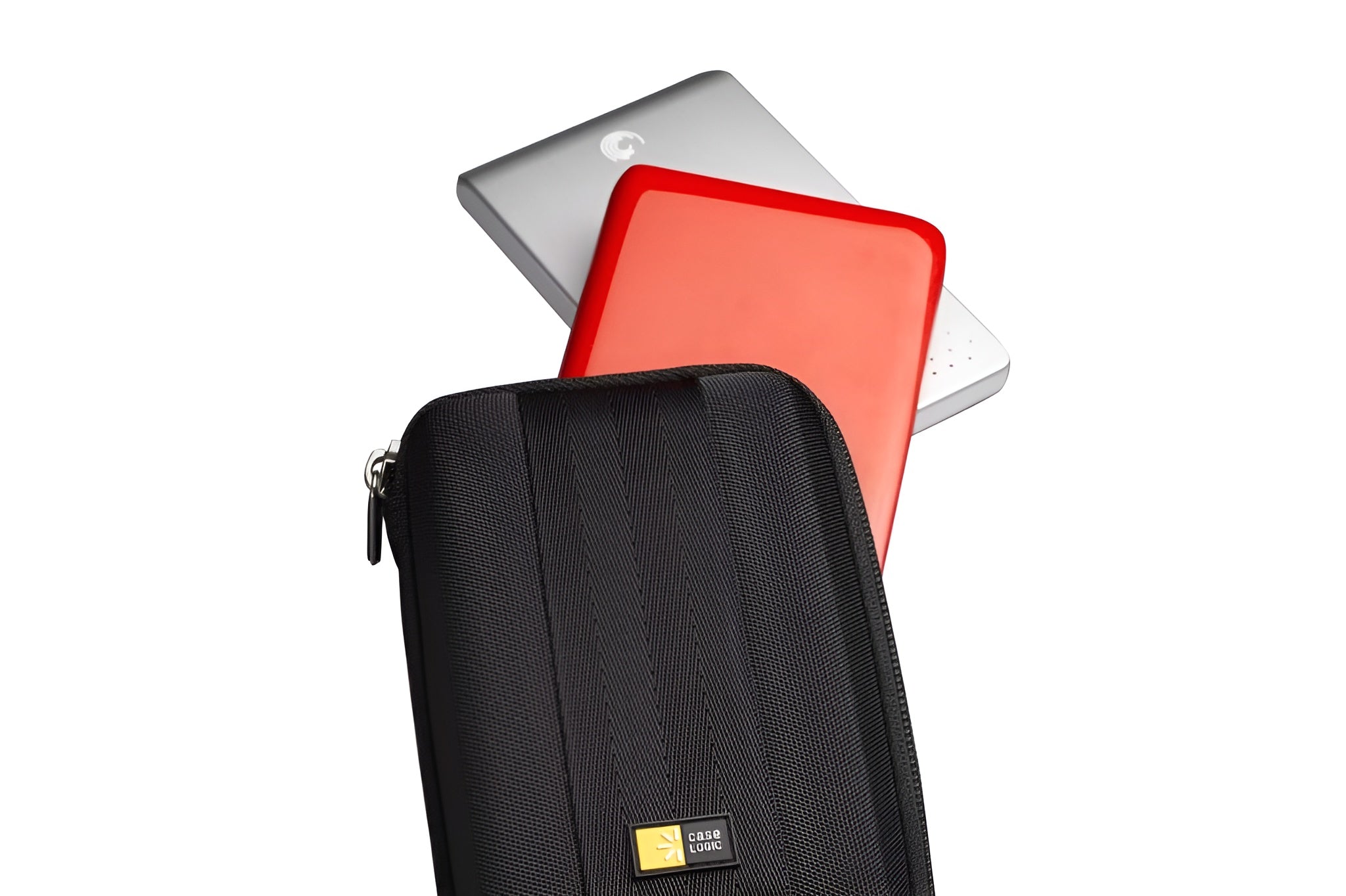 A black Case Logic portable hard drive case, designed for durability and easy transport of data storage solutions.
