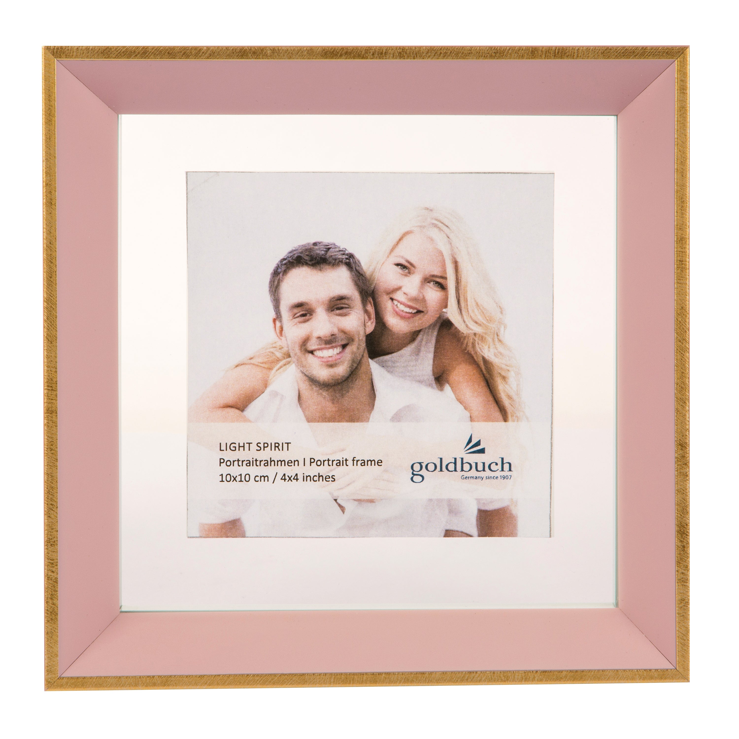 A Goldbuch rose pink photo frame encases a joyful couple smiling together, capturing a moment of happiness and love.