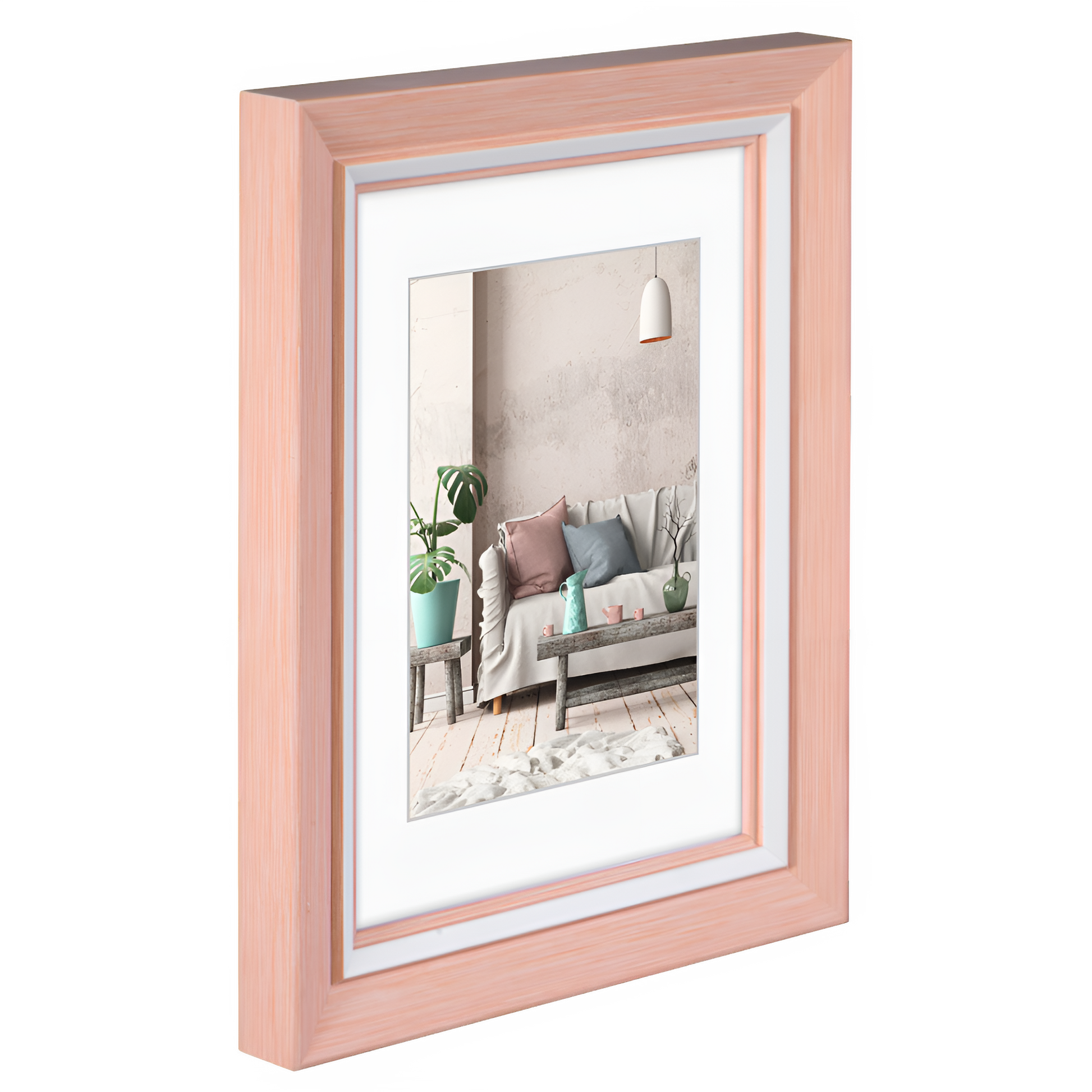 A pink Hama photo frame featuring a beautifully arranged living room, highlighting comfort and elegance in design.