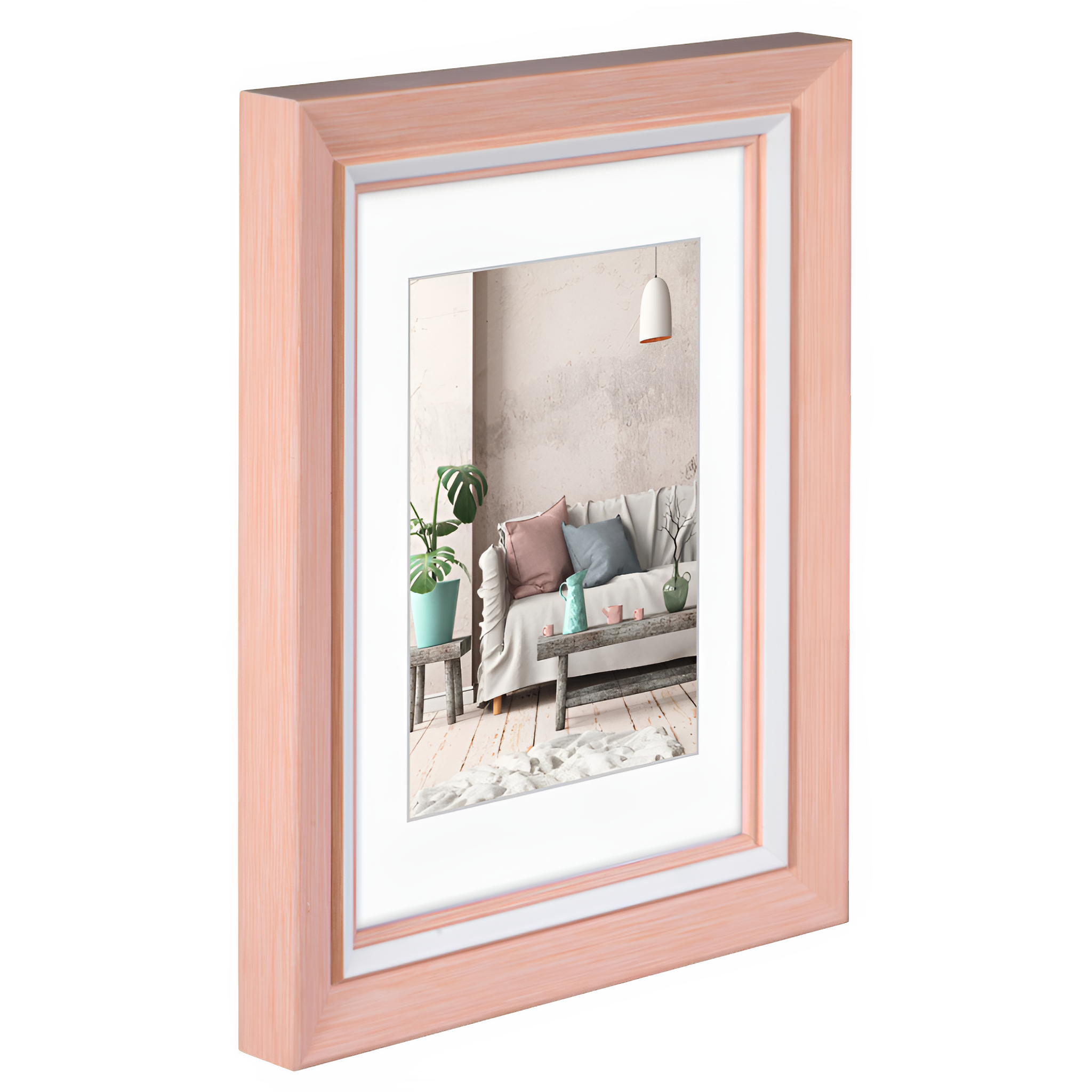 A pink Hama photo frame featuring a beautifully arranged living room, highlighting comfort and elegance in design.