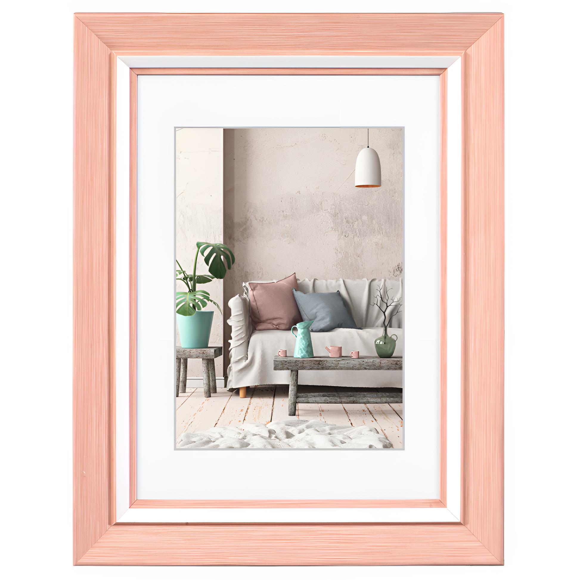 A pink Hama photo frame featuring a beautifully arranged living room, highlighting comfort and elegance in design.